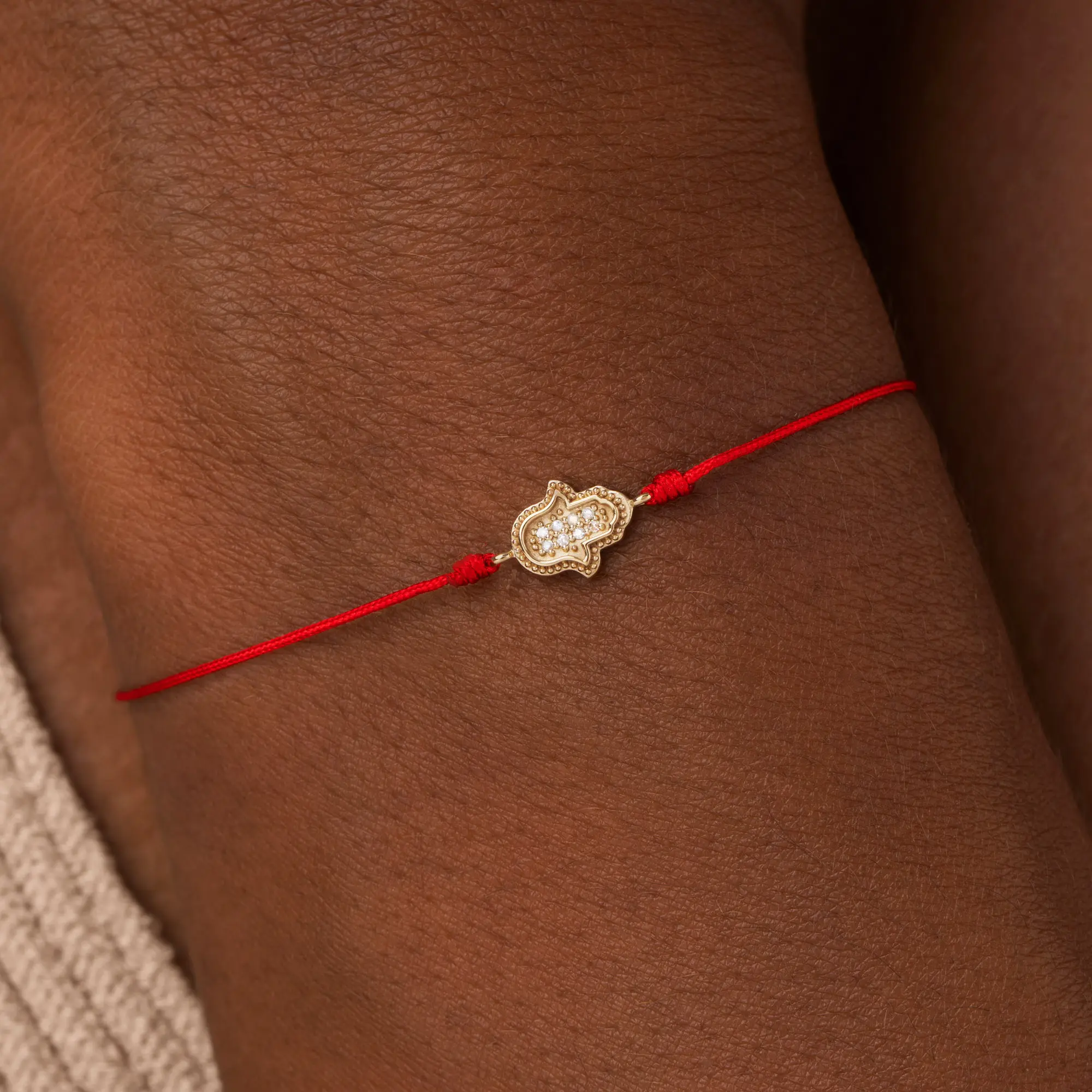 Radiant Blessings 14K Gold Diamond Hamsa Red String Bracelet - Image 2