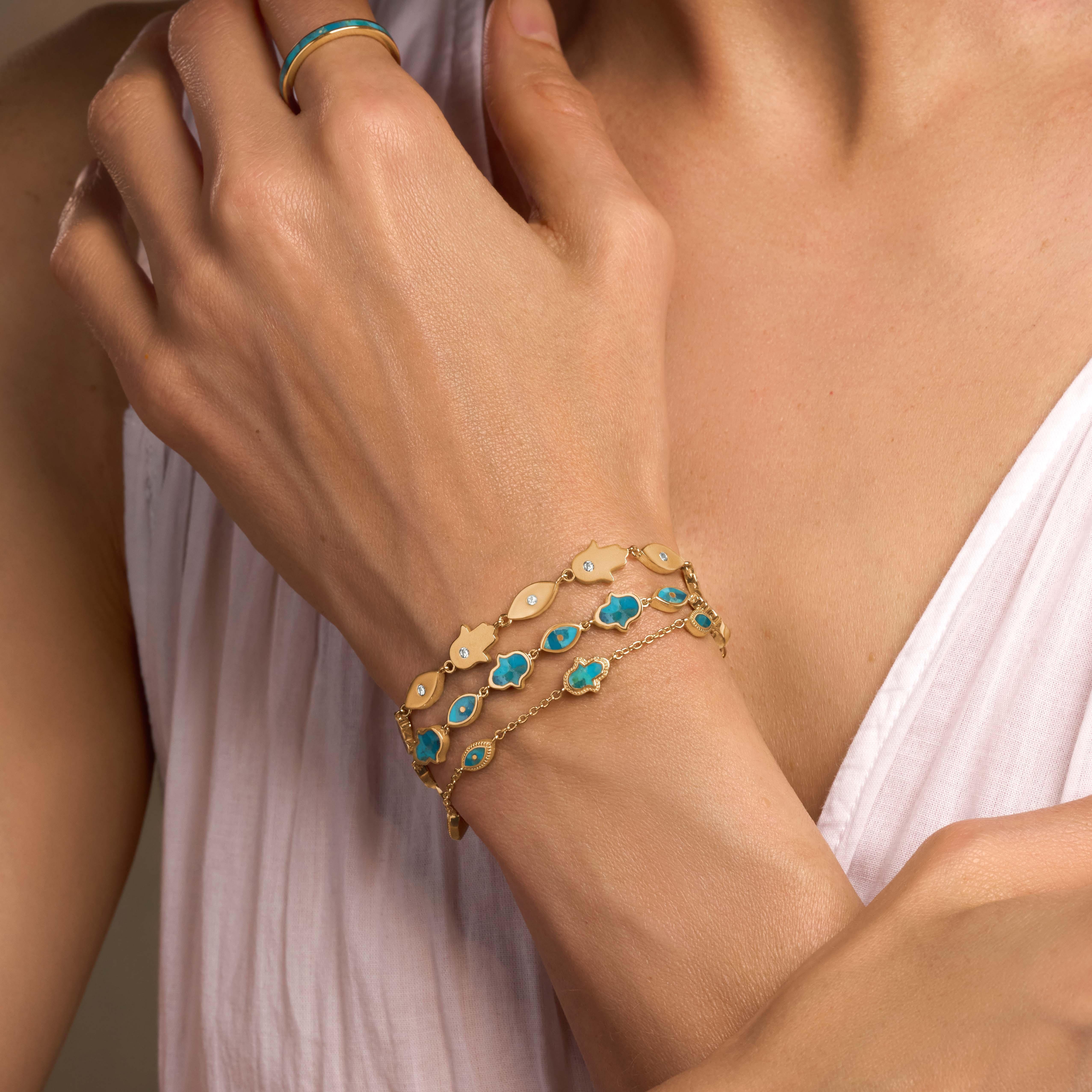 Intention Amplifier Turquoise Evil Eye & Hamsa Gold Bracelet - Image 2