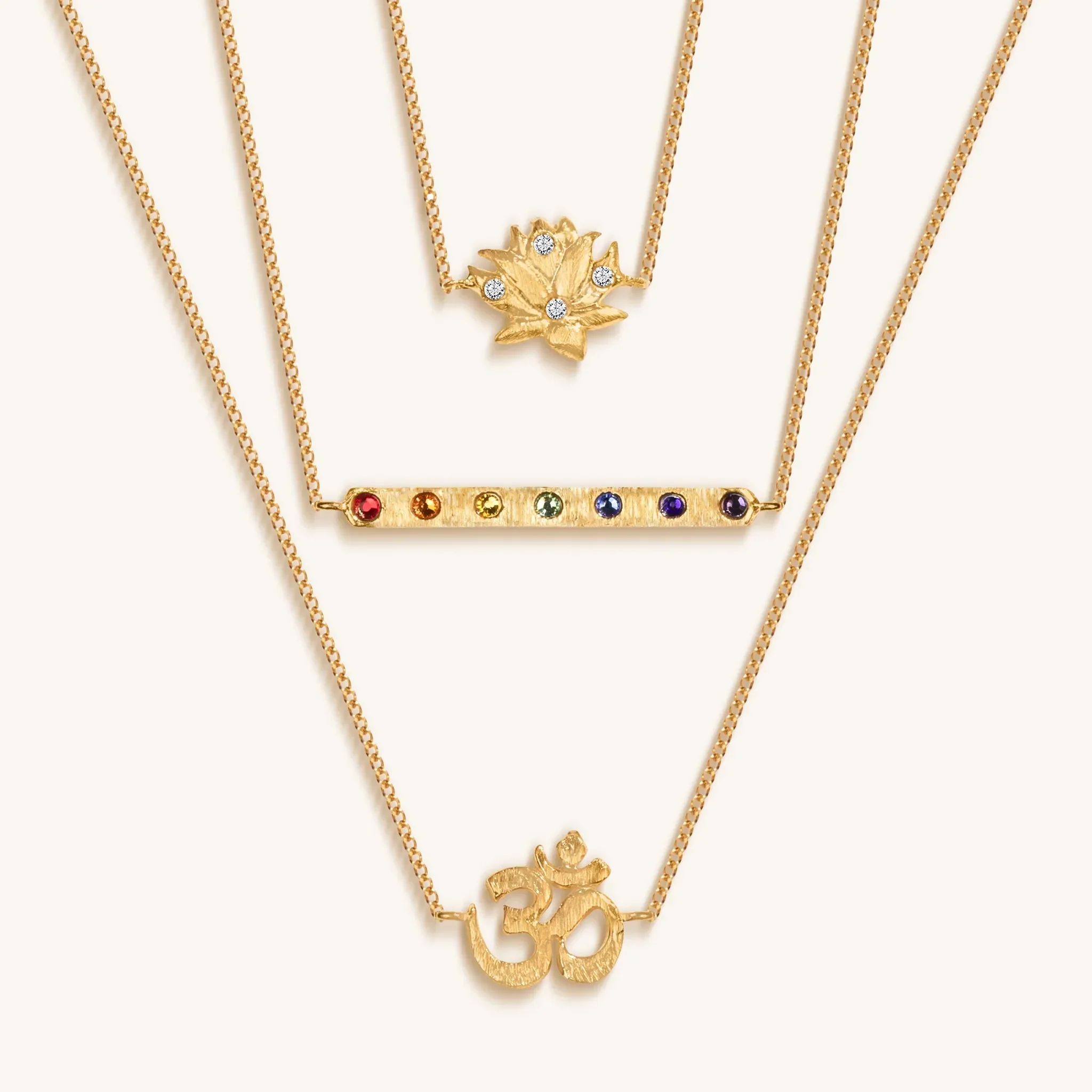 Aligned in Serenity - Lotus OM Chakra Bar Triple Layer Necklace - Image 3