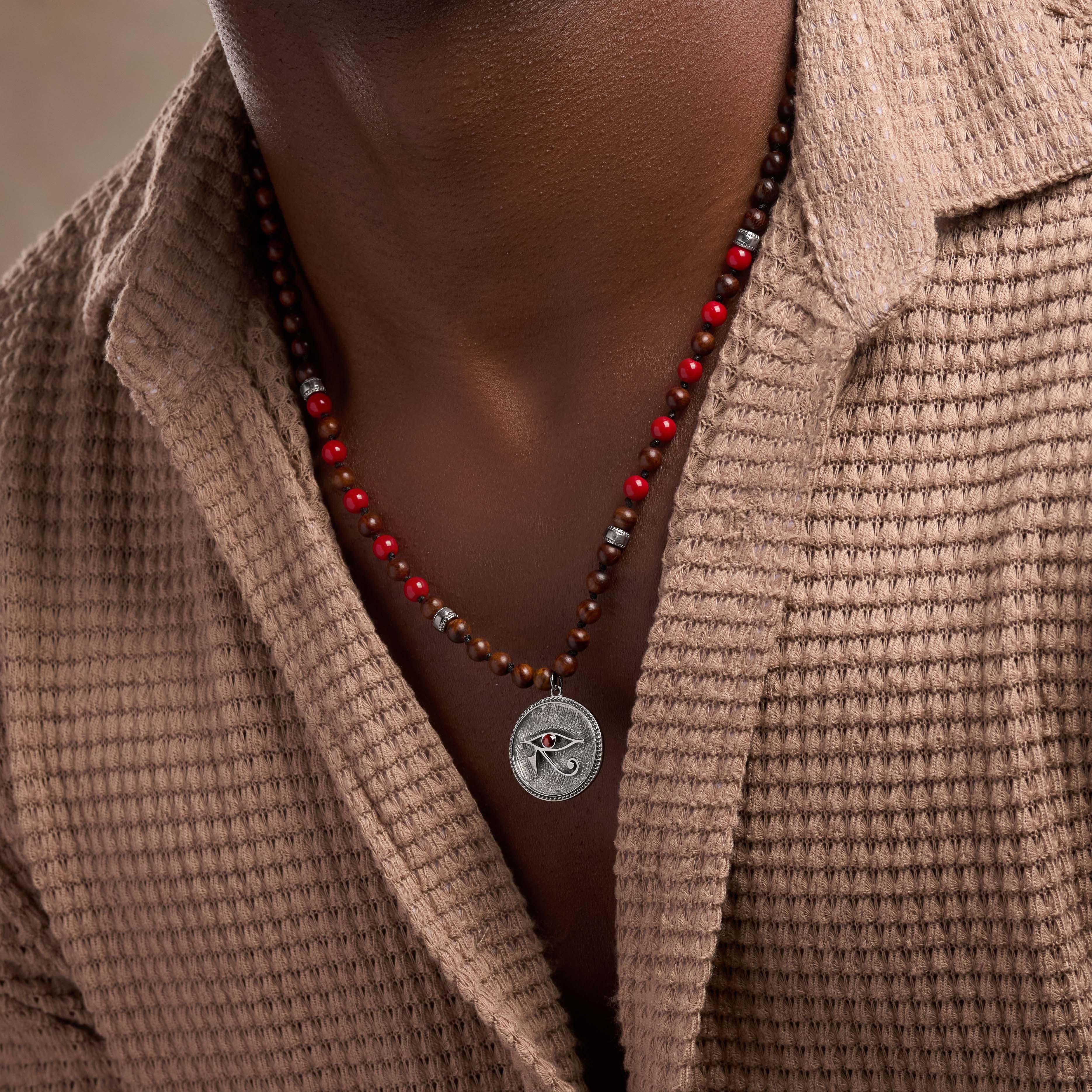Ancestral Guard Wood & Coral Eye of Horus Charm Silver Necklace