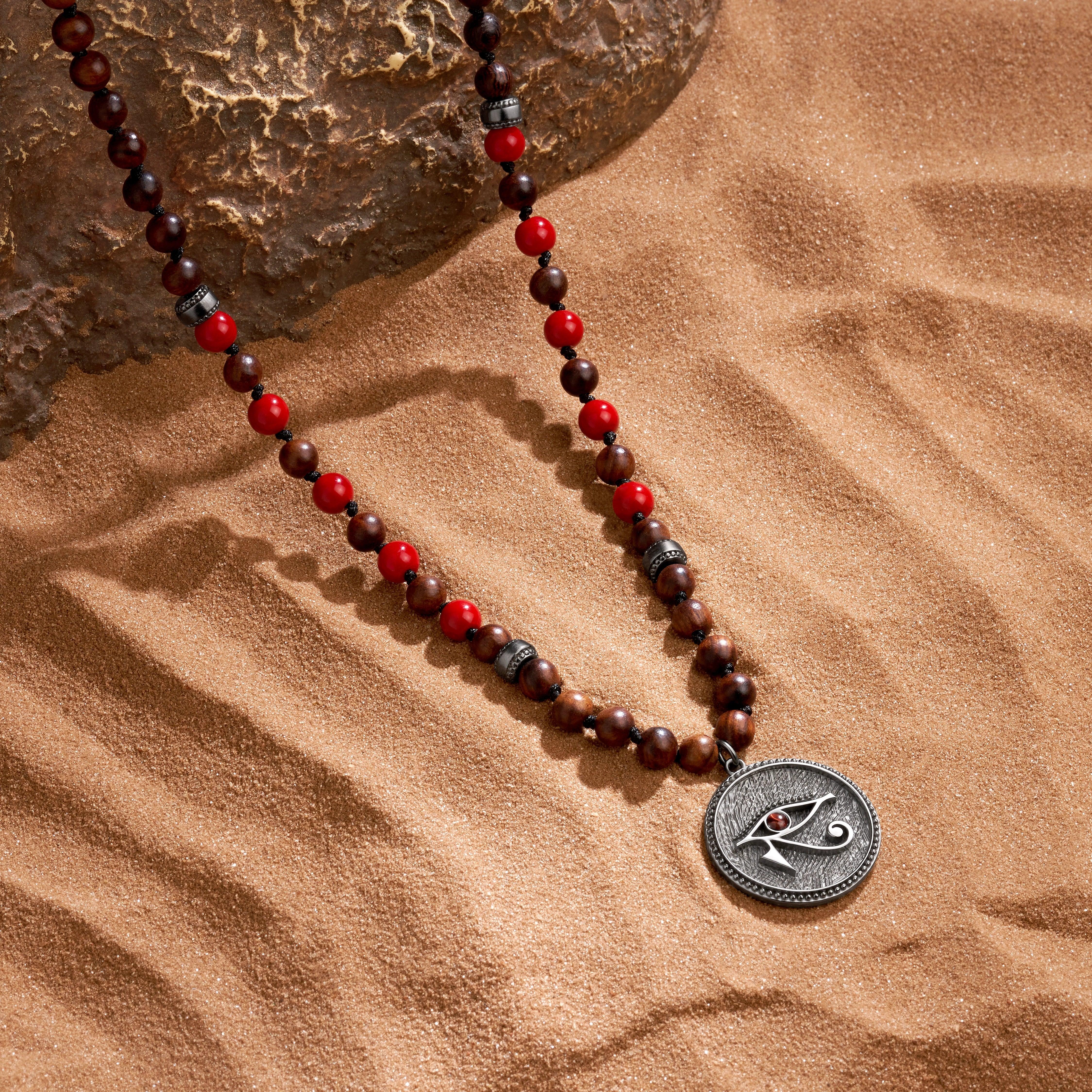 Ancestral Guard Wood & Coral Eye of Horus Charm Silver Necklace - Image 2