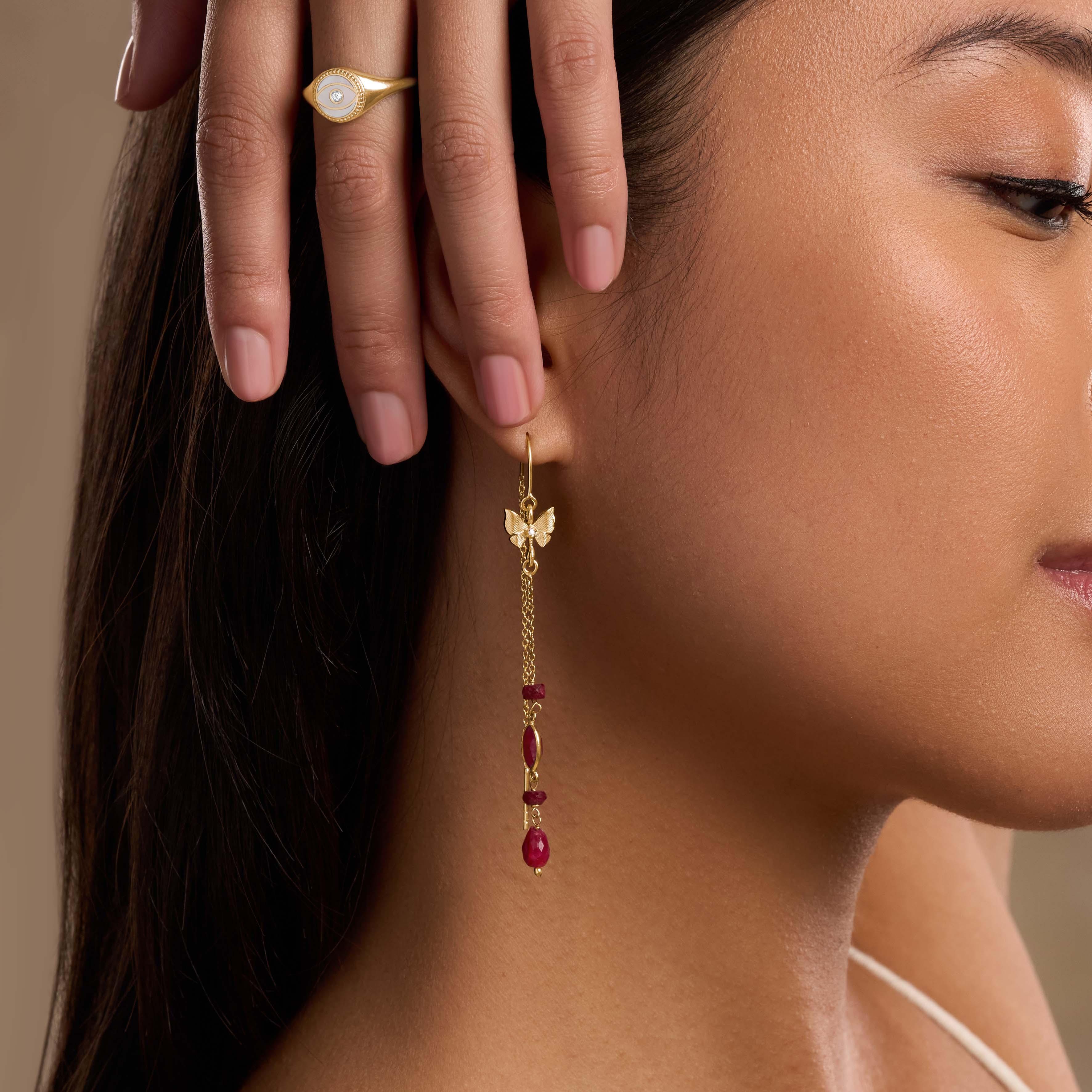 Opulent Soul Ruby Butterfly Gold Drop Earrings - Image 2