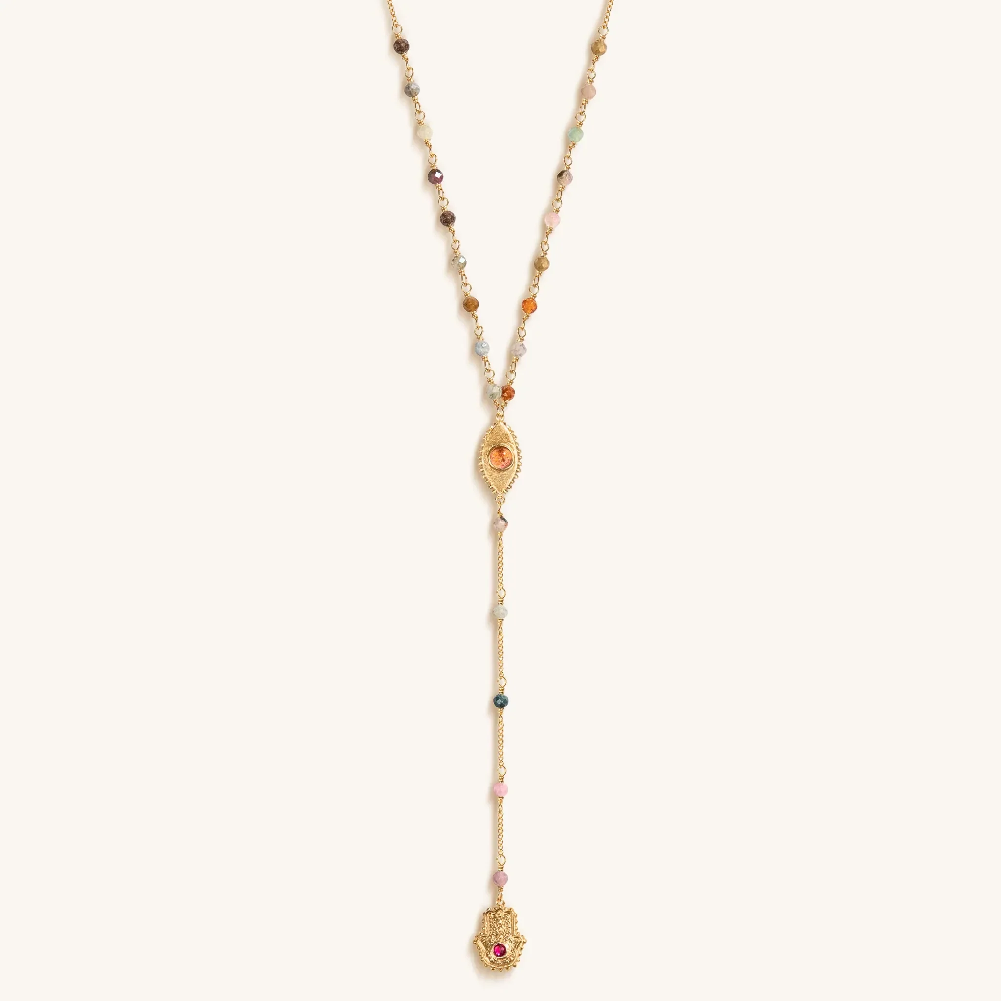 Benevolent Spirit - Tourmaline Evil Eye Hamsa Lariat Necklace - Image 4