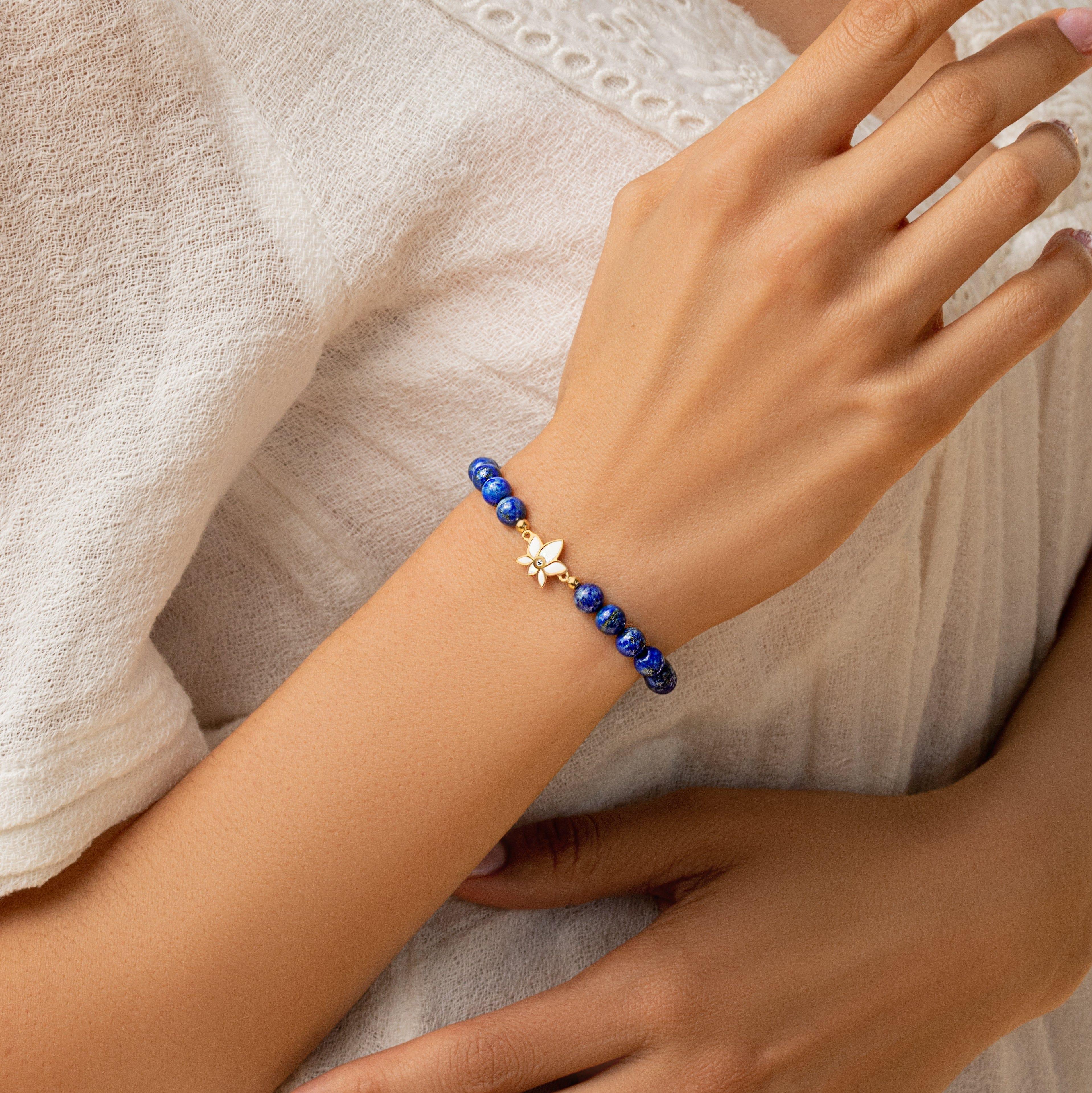 Bloom with Brilliance - Lapis Lazuli Lotus Charm Bracelet - Image 5