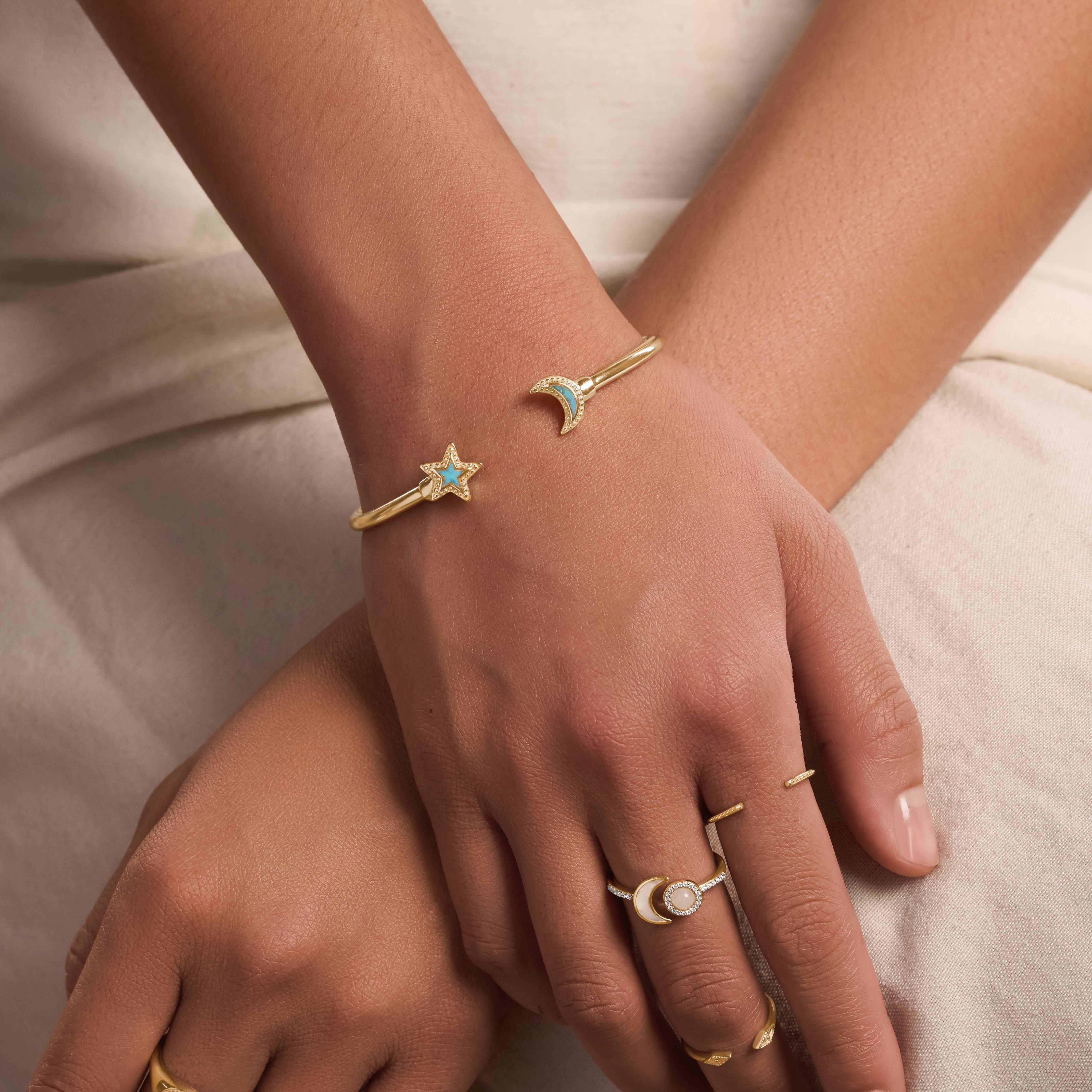 Celestial Direction Turquoise Moon & Star Gold Cuff Bracelet - Image 2