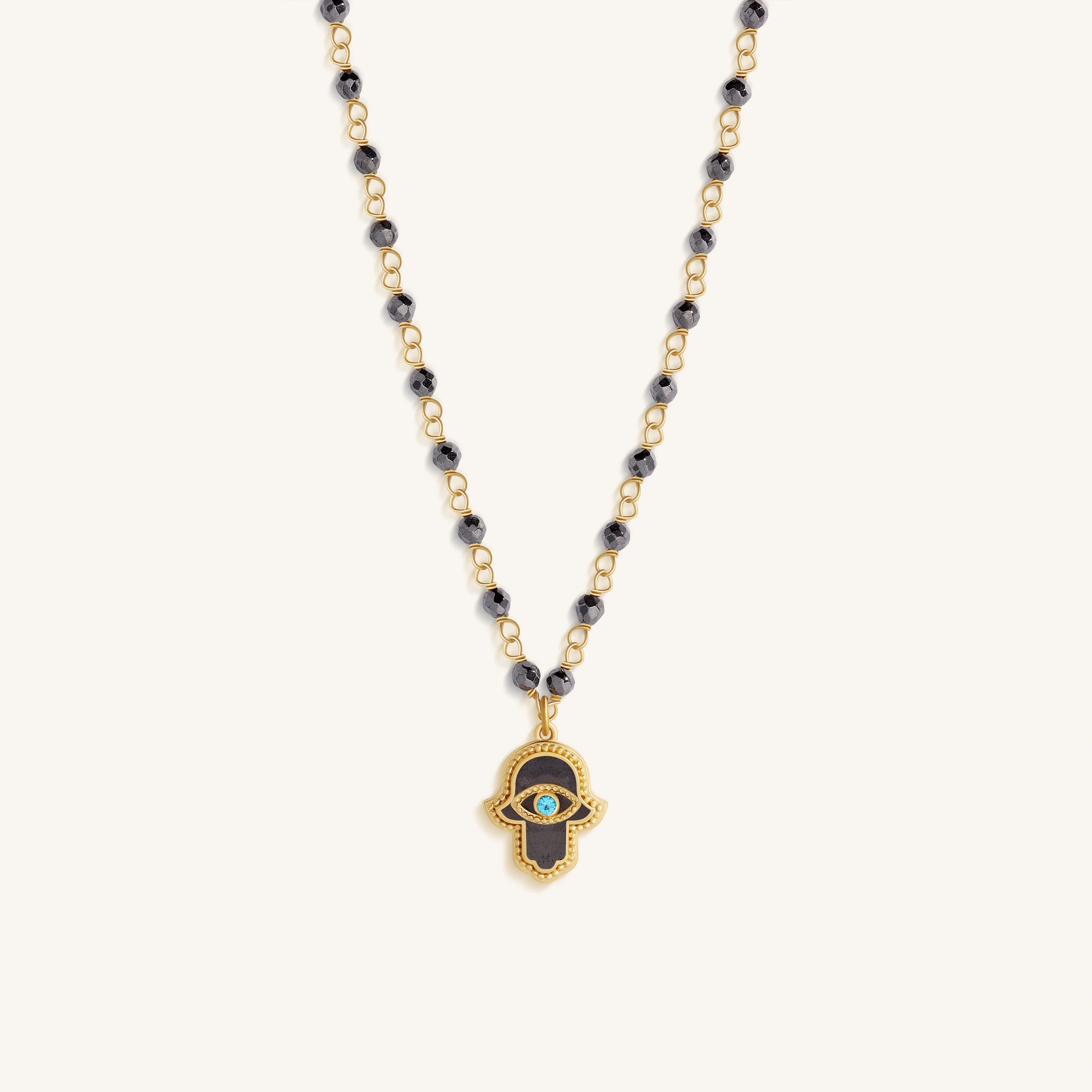 Celestial Flow – Hamsa Hematite & Aquamarine Necklace