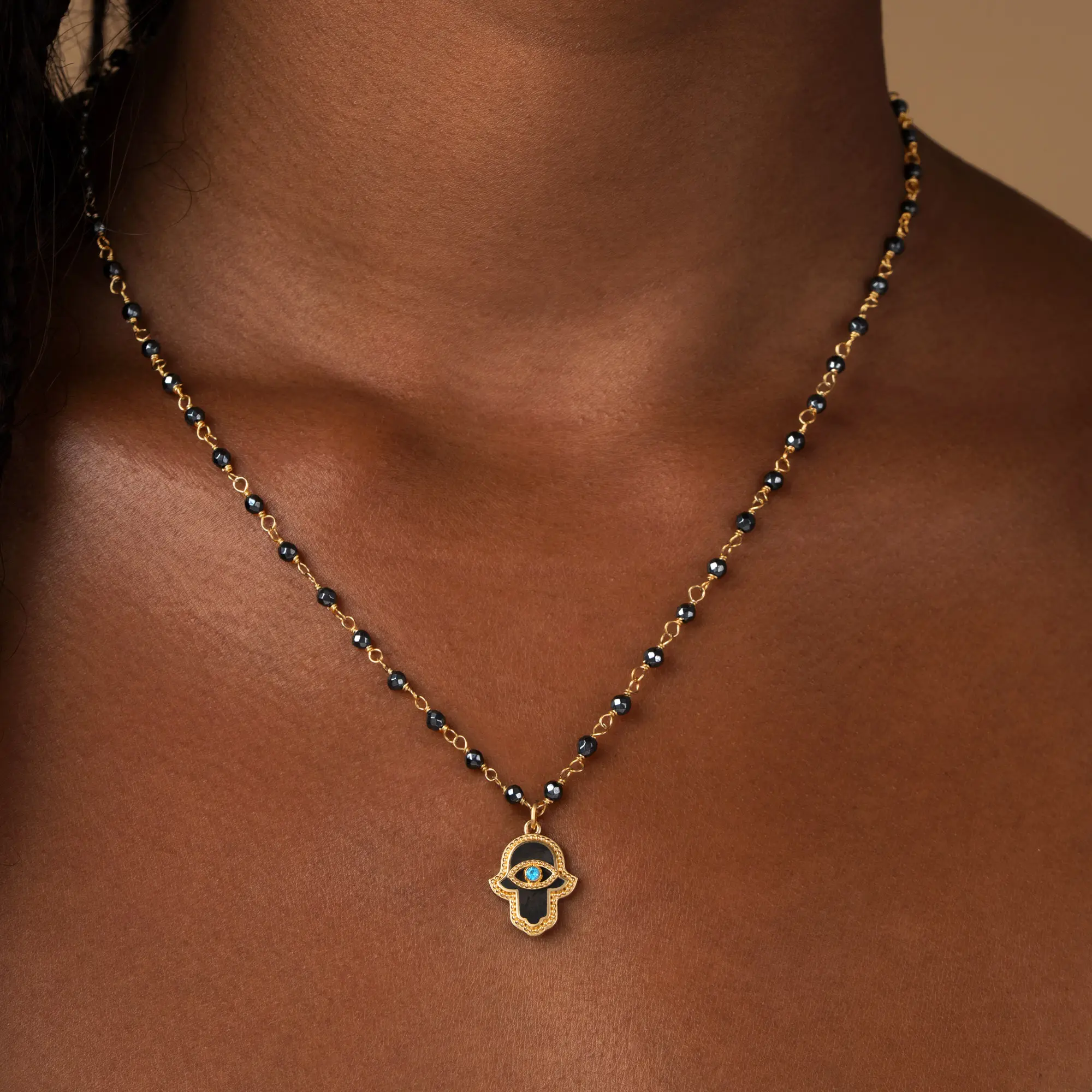 Celestial Flow – Hamsa Hematite & Aquamarine Necklace - Image 2