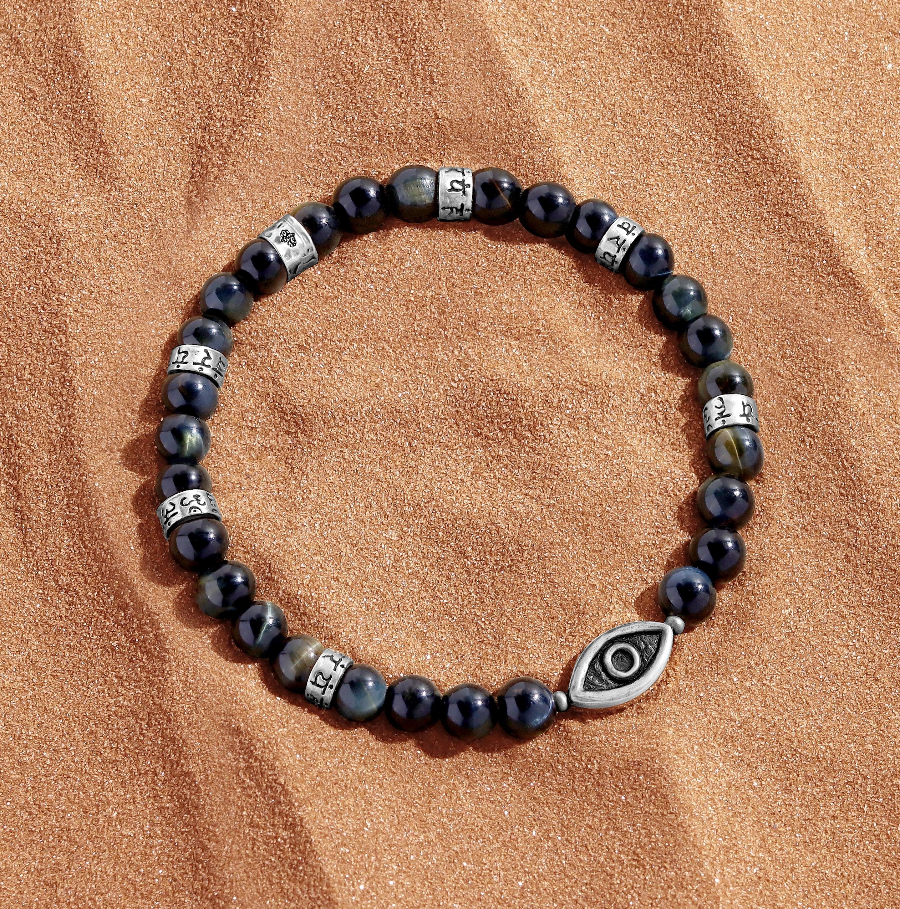Constant Growth Blue Tiger’s Eye & Matte Onyx Silver Bracelet