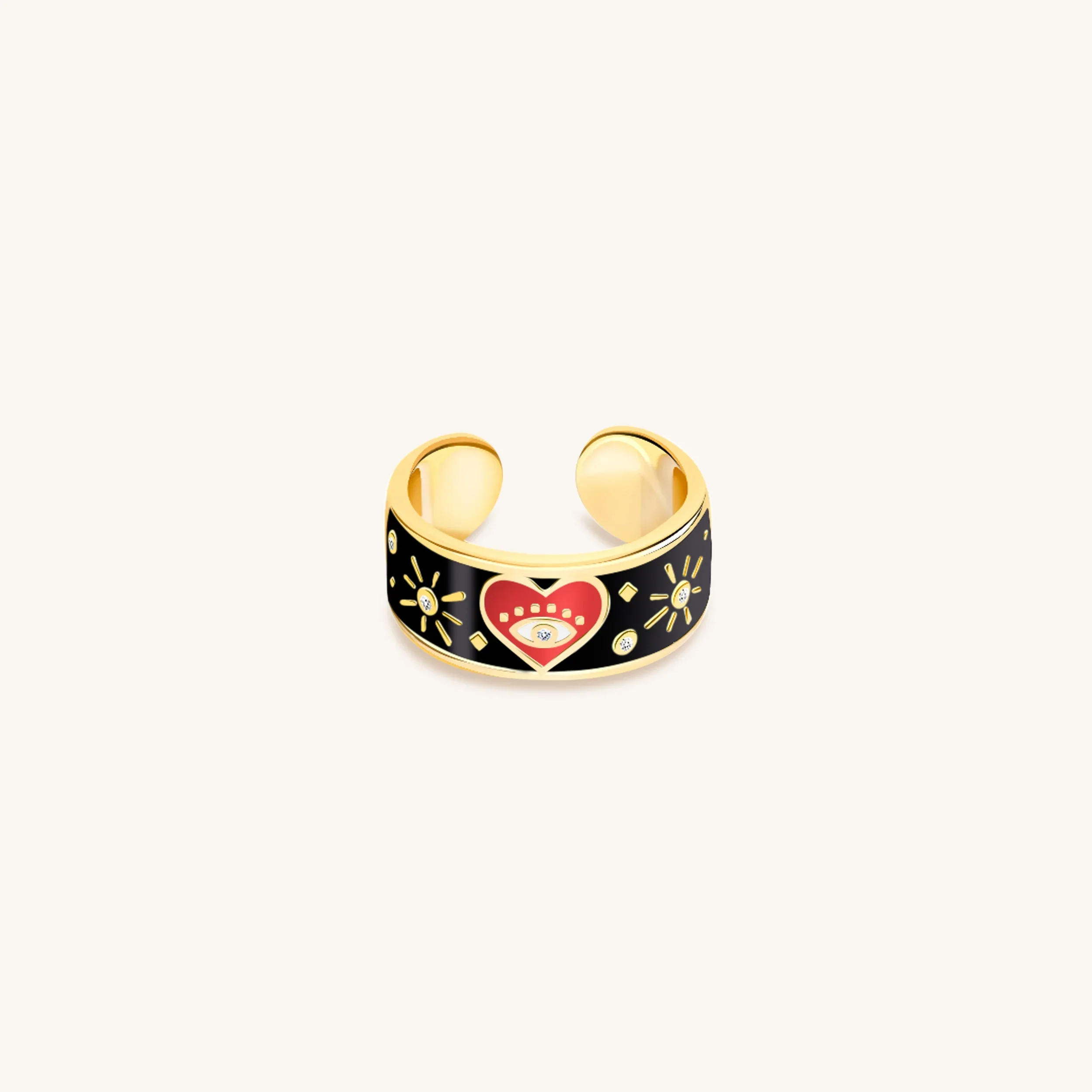 Spiritual Delight Heart Black Enamel Diamond Ring - Image 4