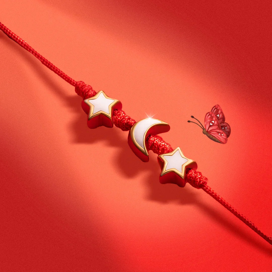 Cosmic Power - White Enamel Moon & Stars Red String Bracelet - Image 3