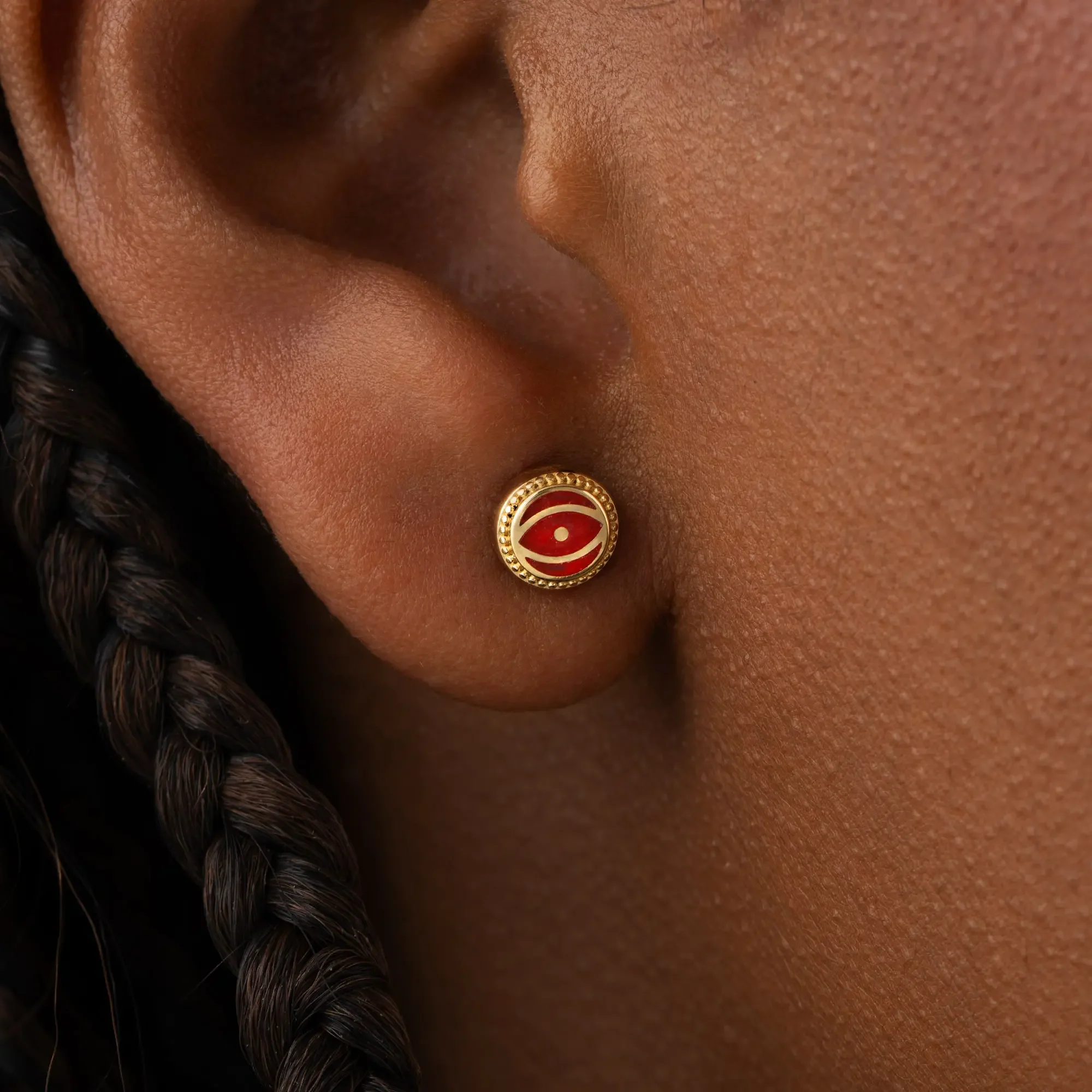 Crimson Guardian - Ruby Jade July Birthstone Evil Eye Gold Stud Earrings - Image 2