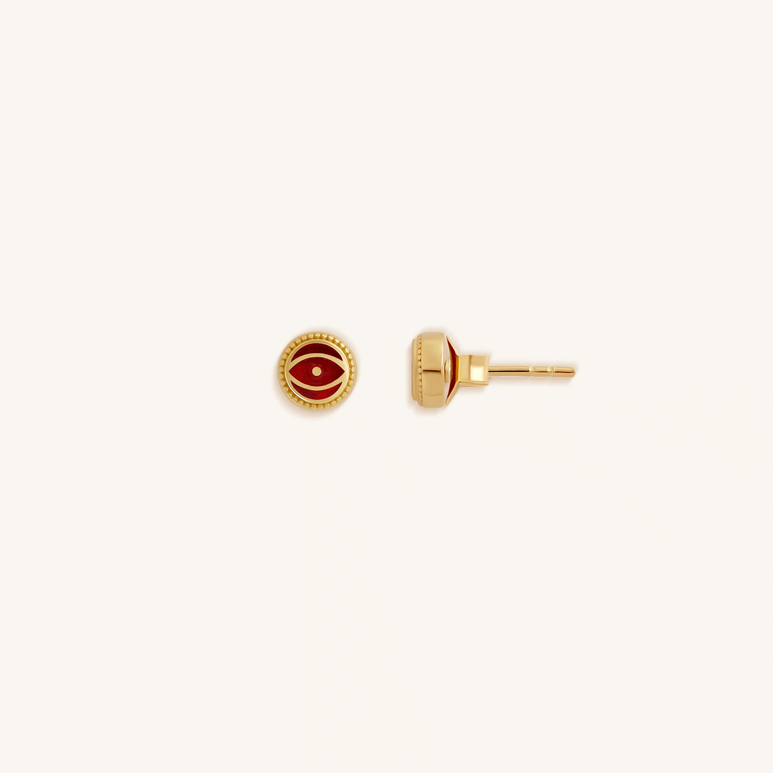 Crimson Guardian - Ruby Jade July Birthstone Evil Eye Gold Stud Earrings - Image 3