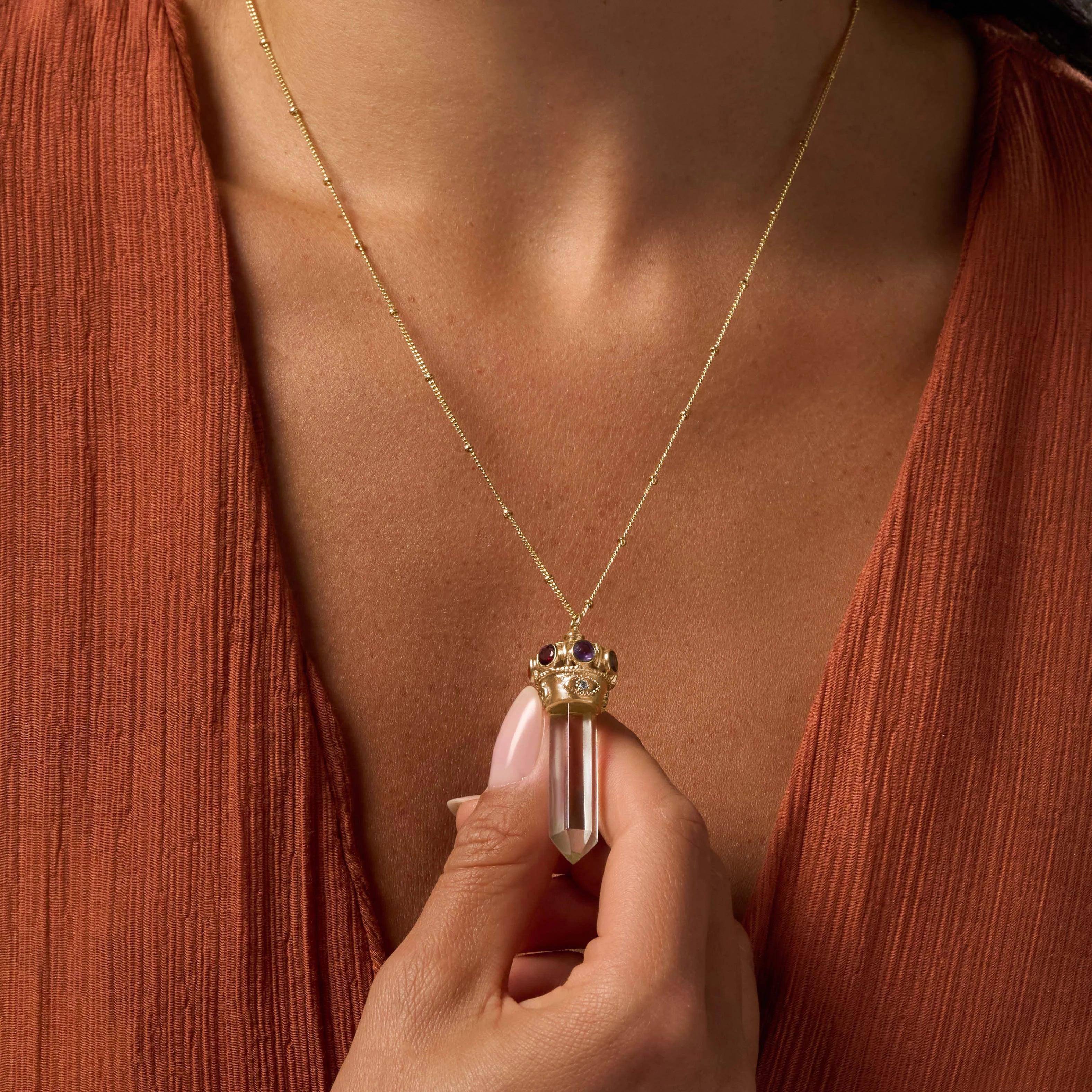 Crown of Abundance Clear Crystal and 7 Chakra Stones Necklace - Image 2