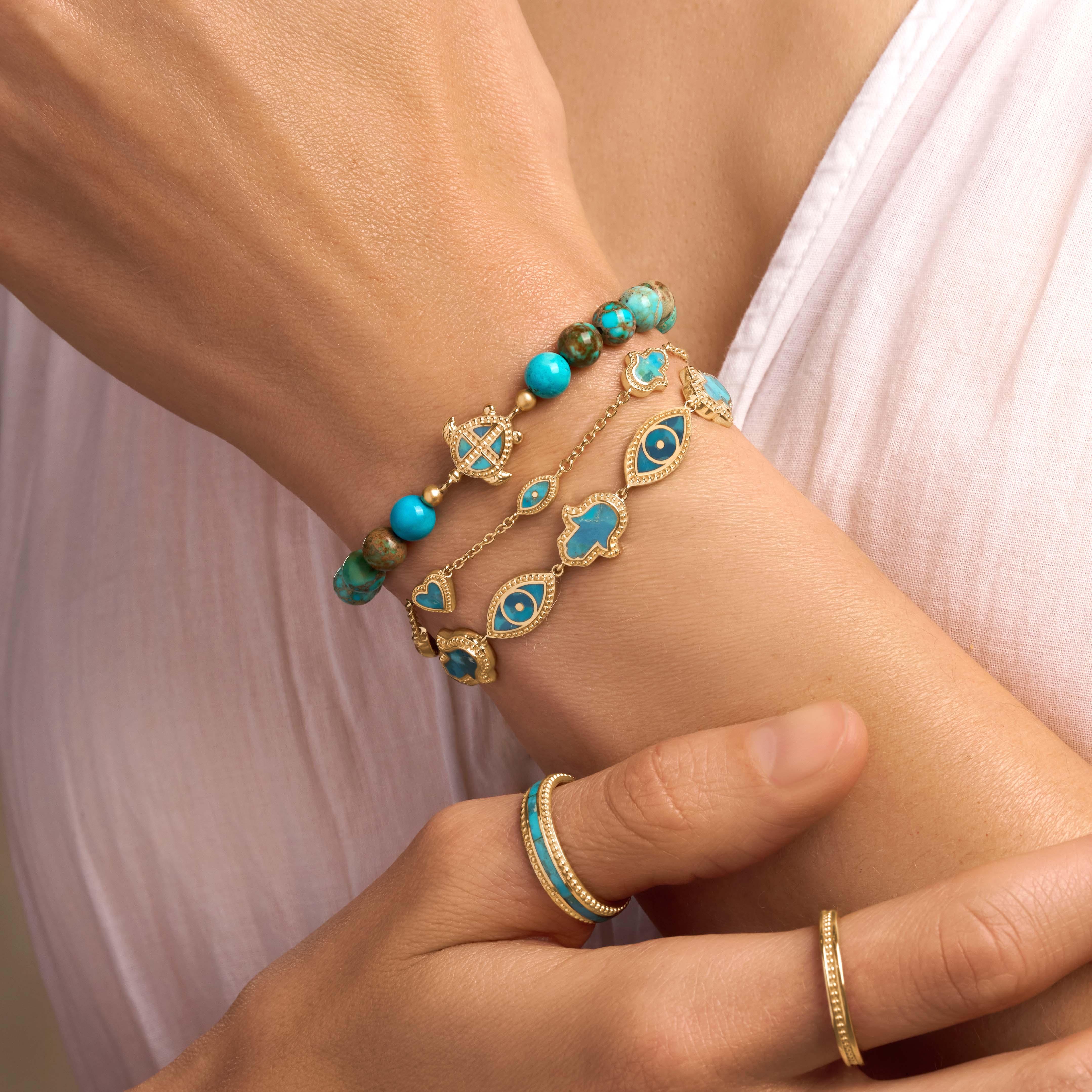 Deep Connections Turquoise Hamsa & Evil Eye Gold Bracelet - Image 2