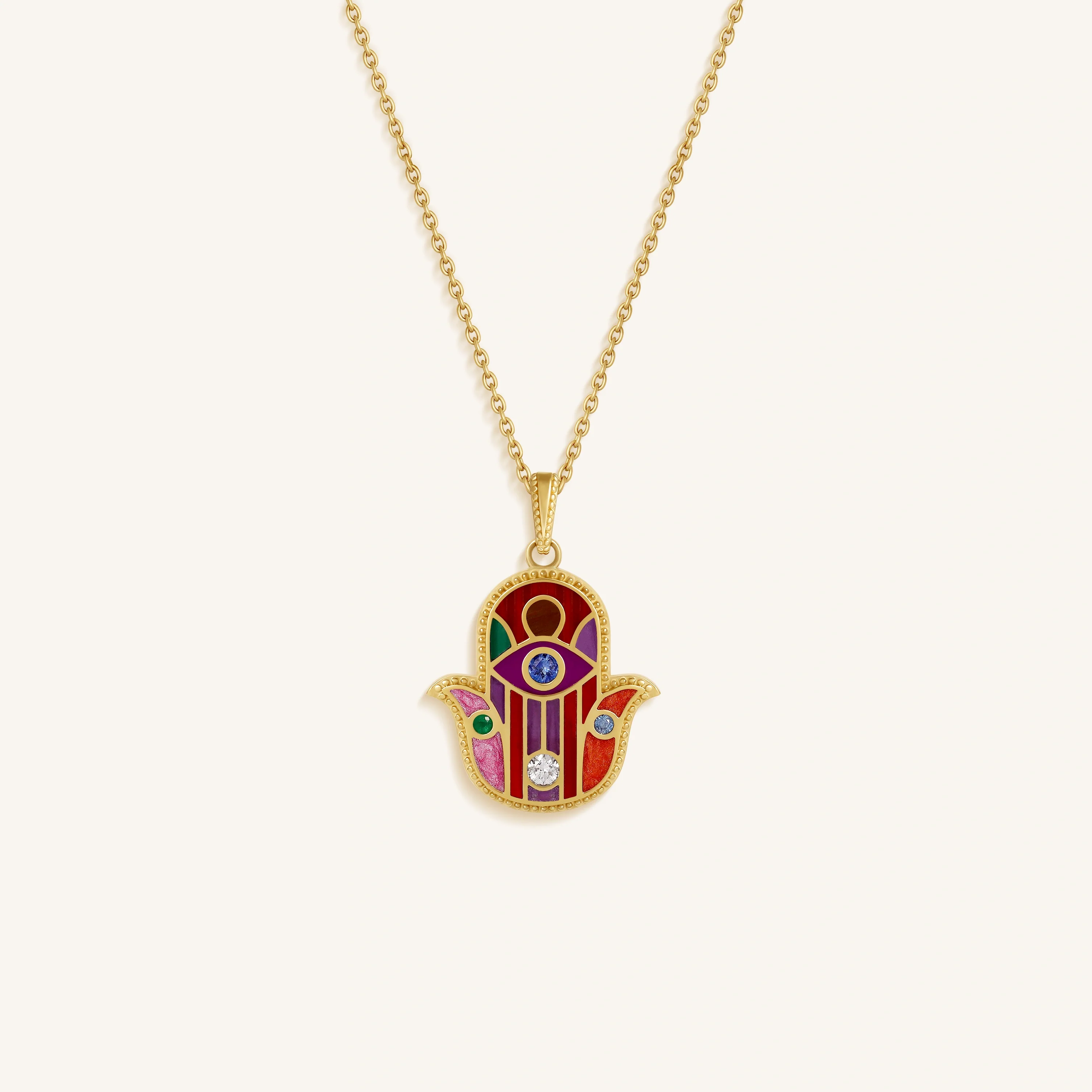 Divine Aura Multi-Gemstone Hamsa Charm Necklace