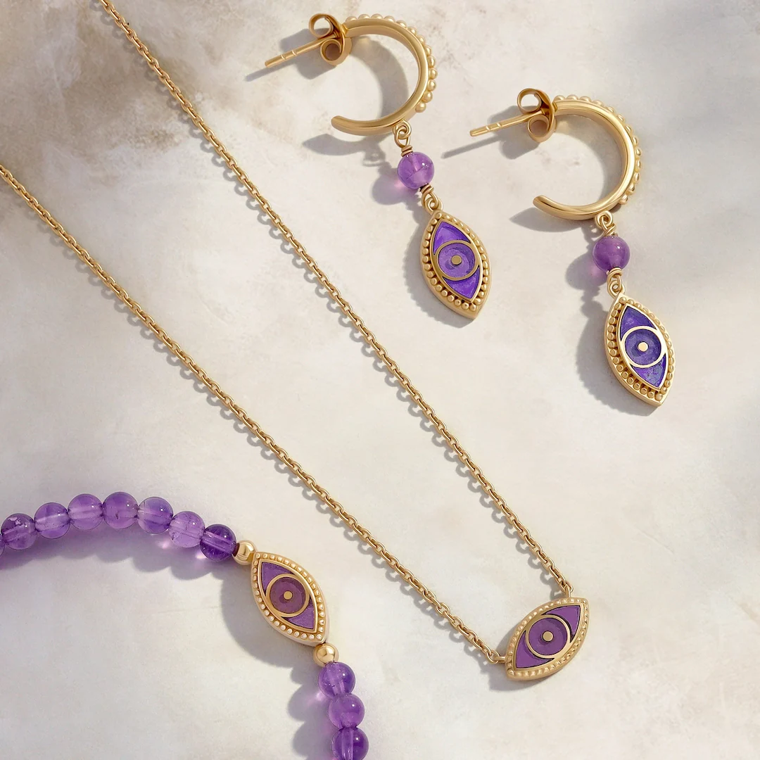 Radiant Clarity Amethyst Evil Eye Gold Earrings - Image 5