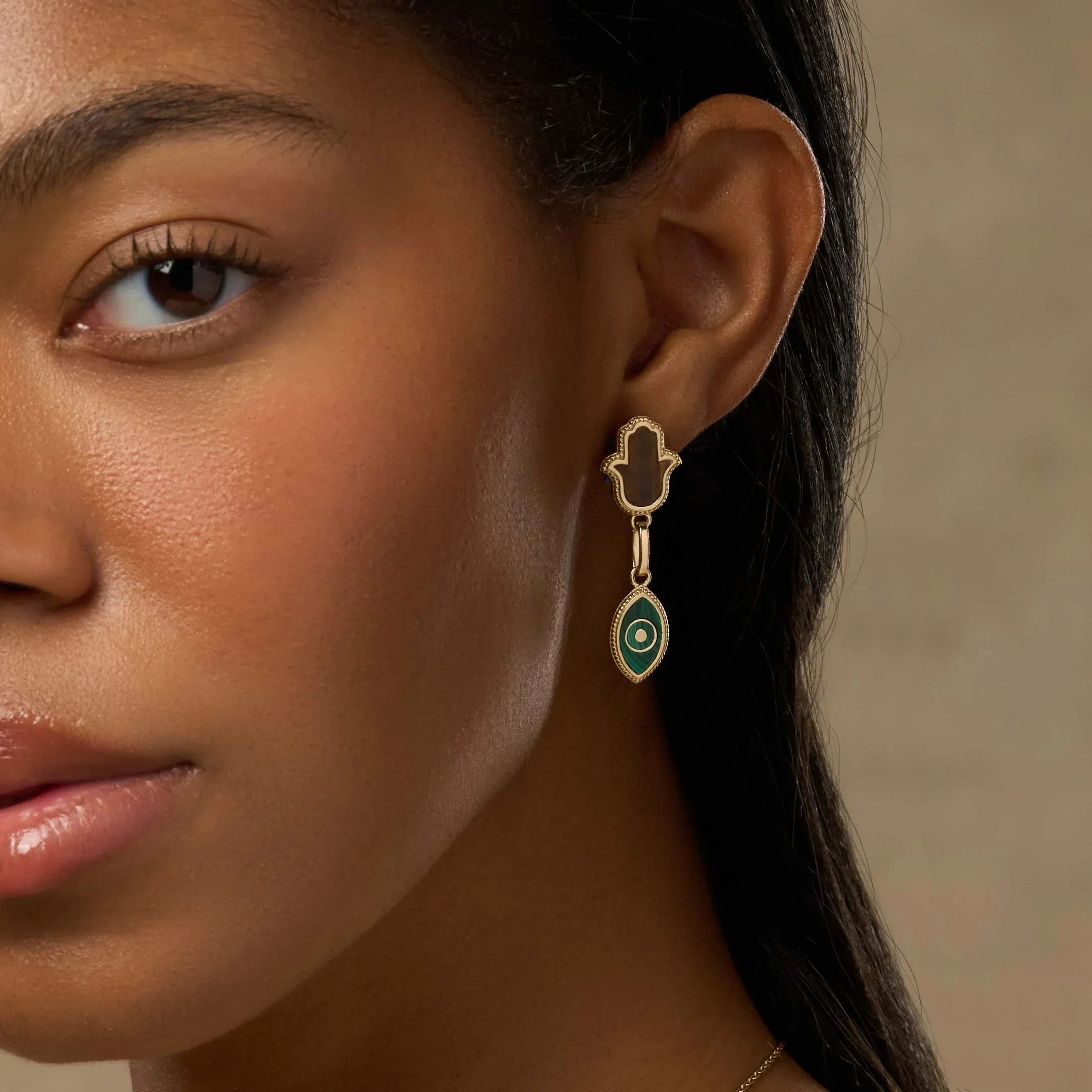 Dreams Secured Tiger’s Eye & Malachite Hamsa & Evil Eye Earrings - Image 2