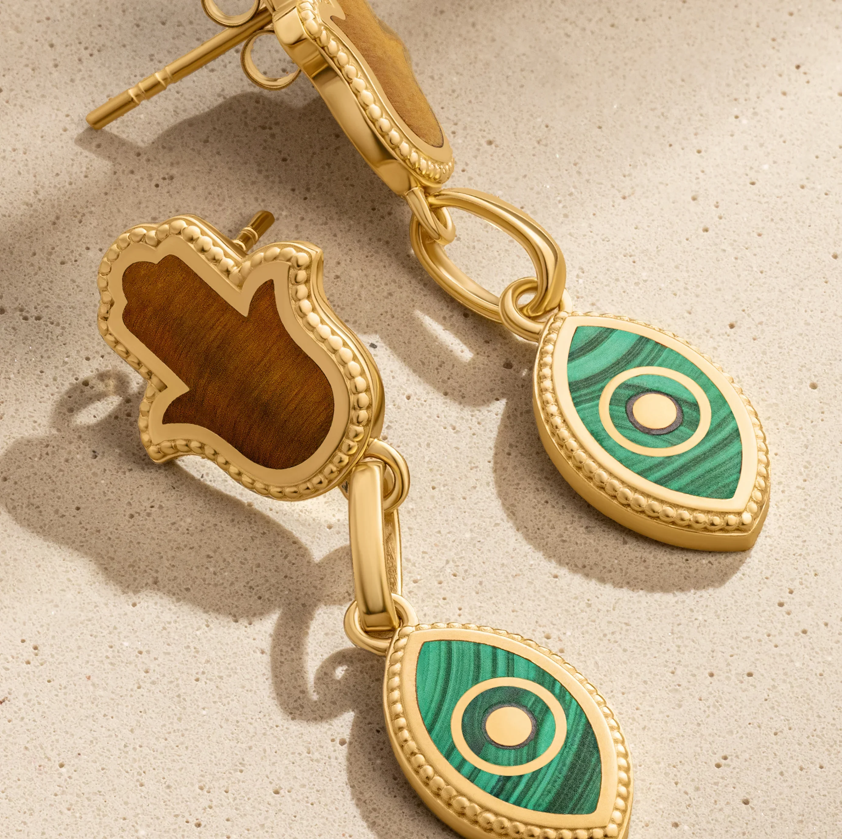 Dreams Secured Tiger’s Eye & Malachite Hamsa & Evil Eye Earrings - Image 5