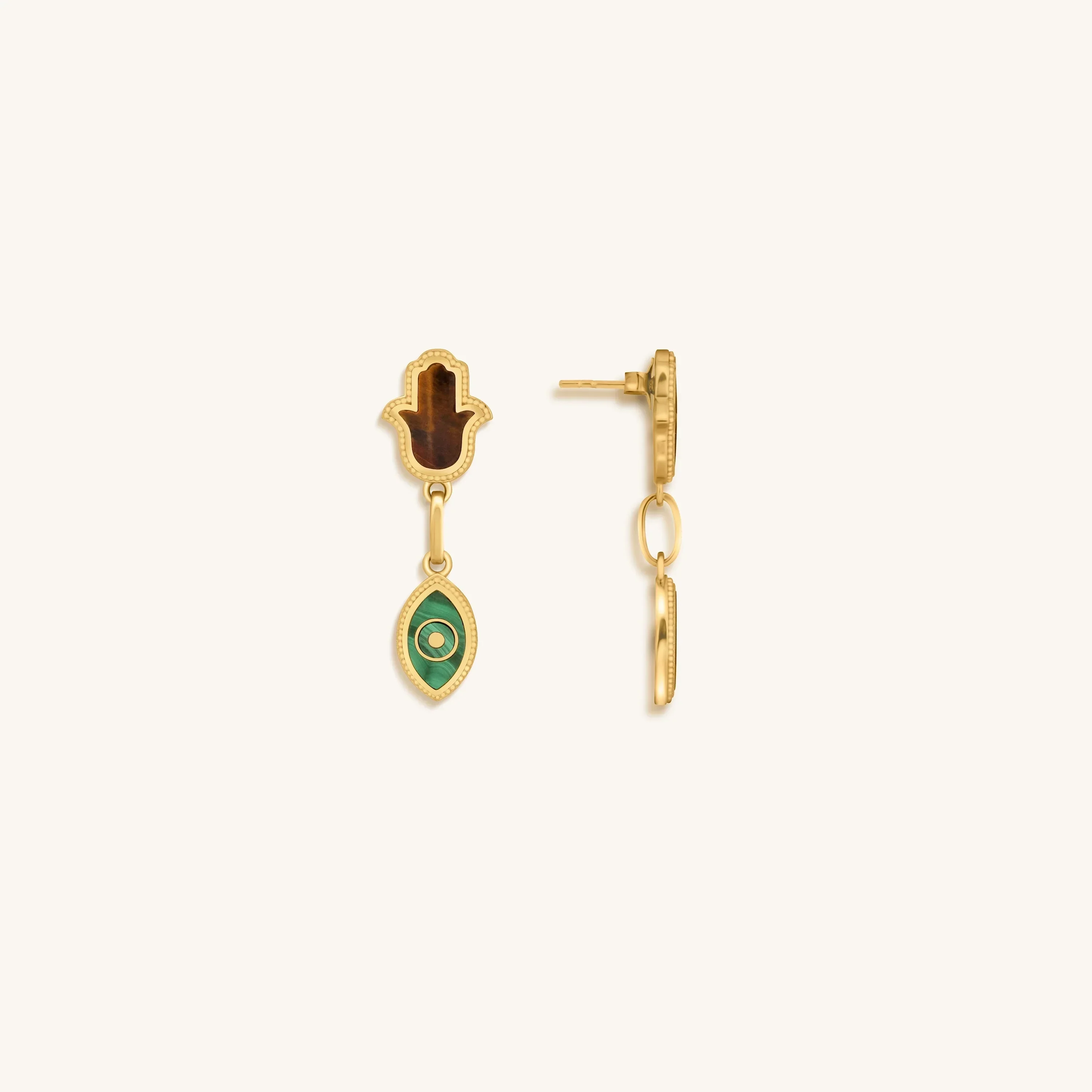 Dreams Secured Tiger’s Eye & Malachite Hamsa & Evil Eye Earrings - Image 6