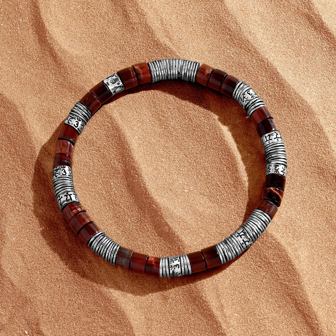 Echoes of Intention Red Tiger Eye Mantra Heishi Silver Bracelet