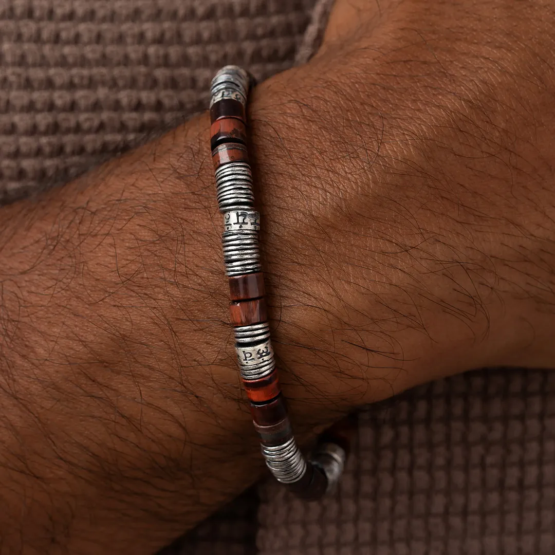 Echoes of Intention Red Tiger Eye Mantra Heishi Silver Bracelet - Image 2