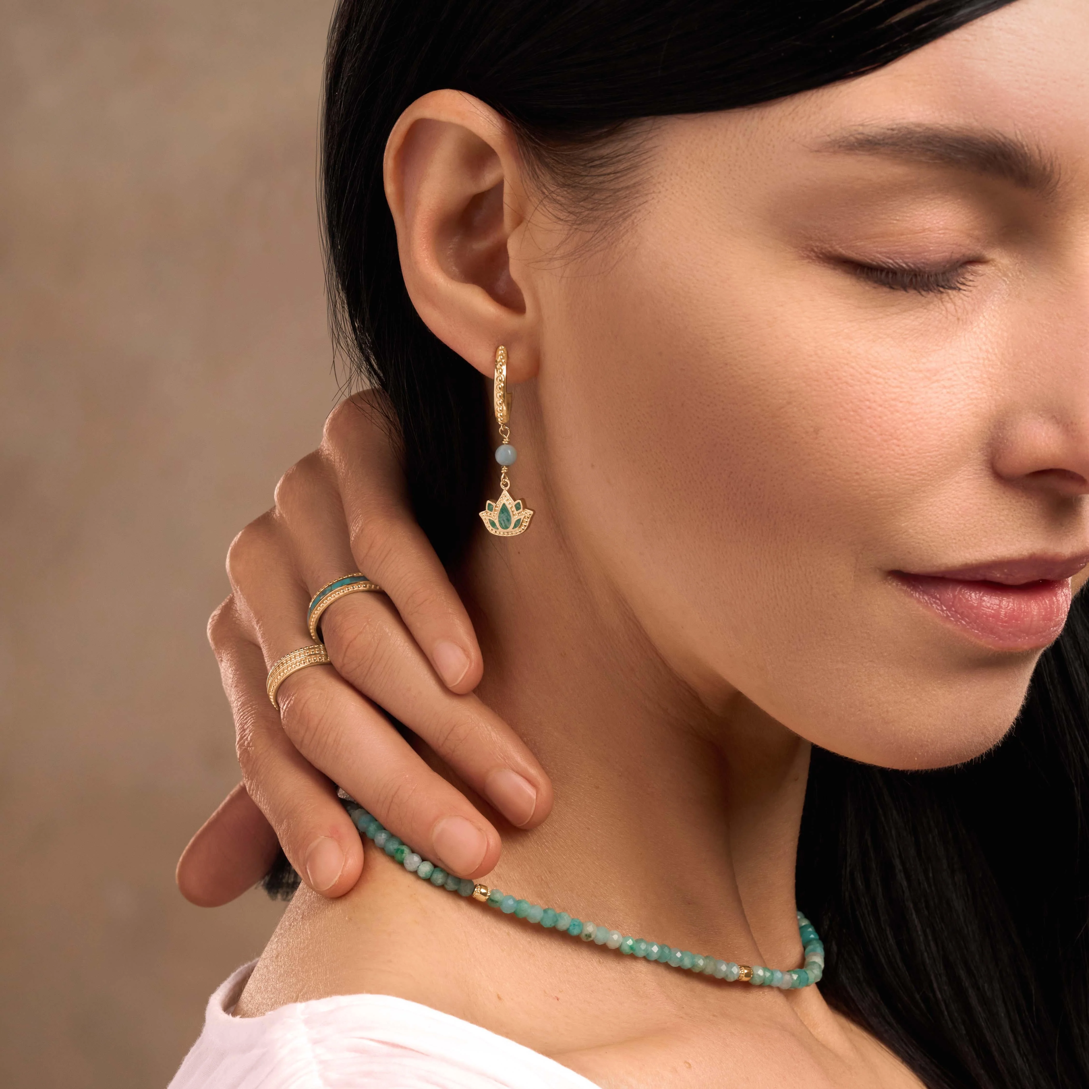 Effortless Renewal Amazonite Lotus Gold Earrings - Image 2