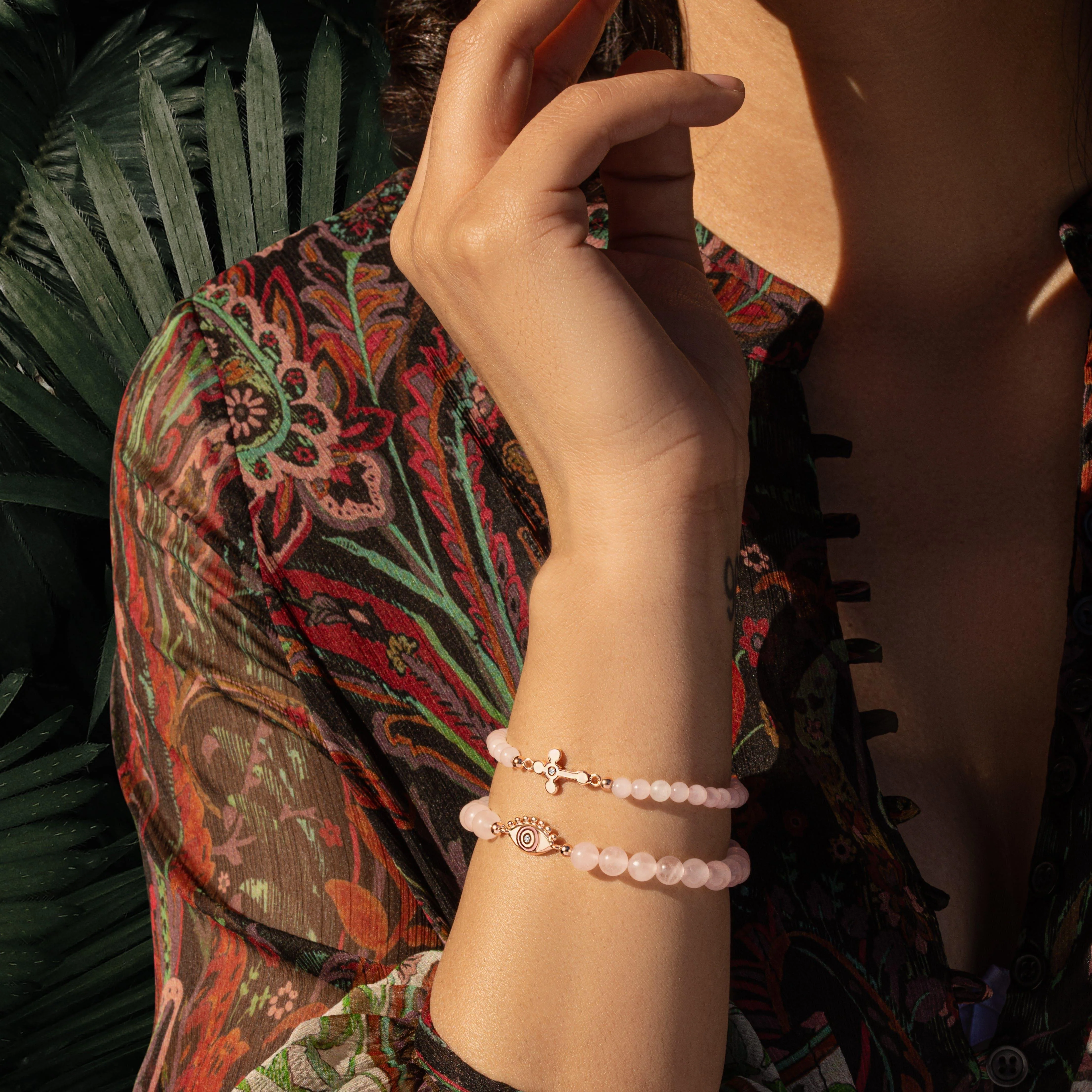 Emotional Healing - Rose Quartz Evil Eye Charm Bracelet - Image 2
