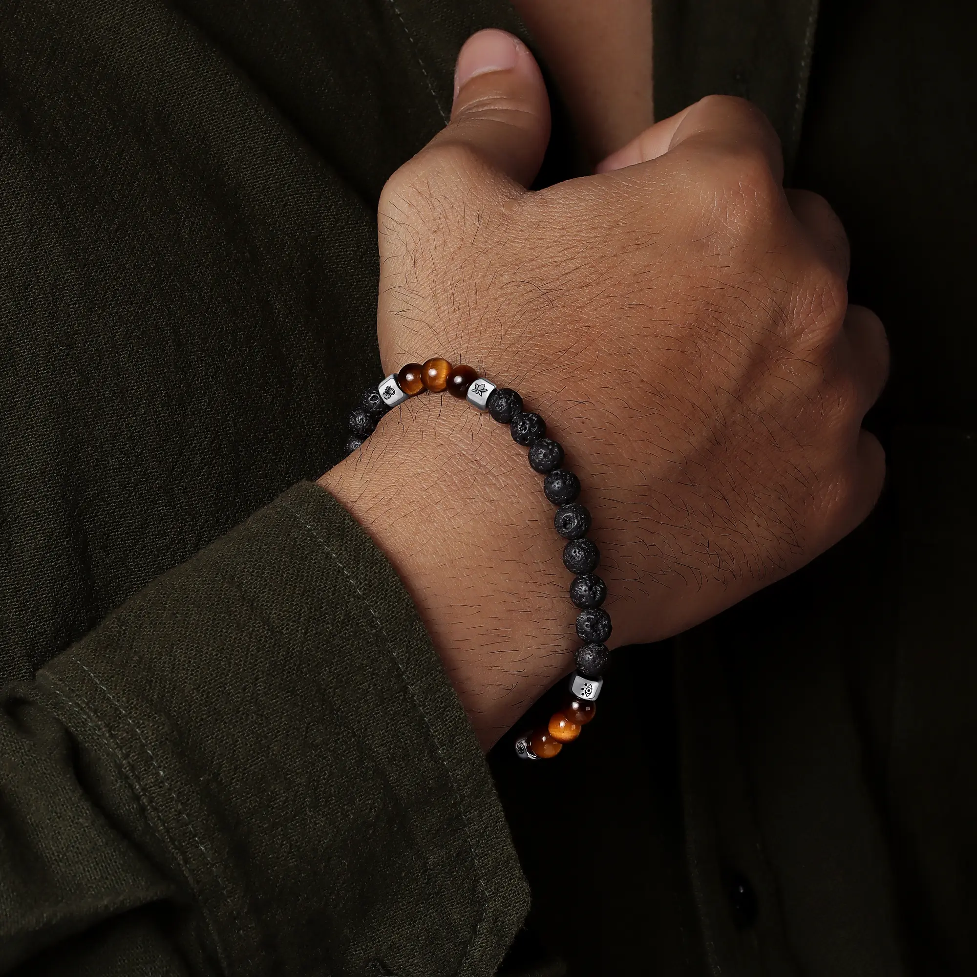 Empowered Balance – Black Lava Stone & Tiger’s Eye Charm Bracelet - Image 3