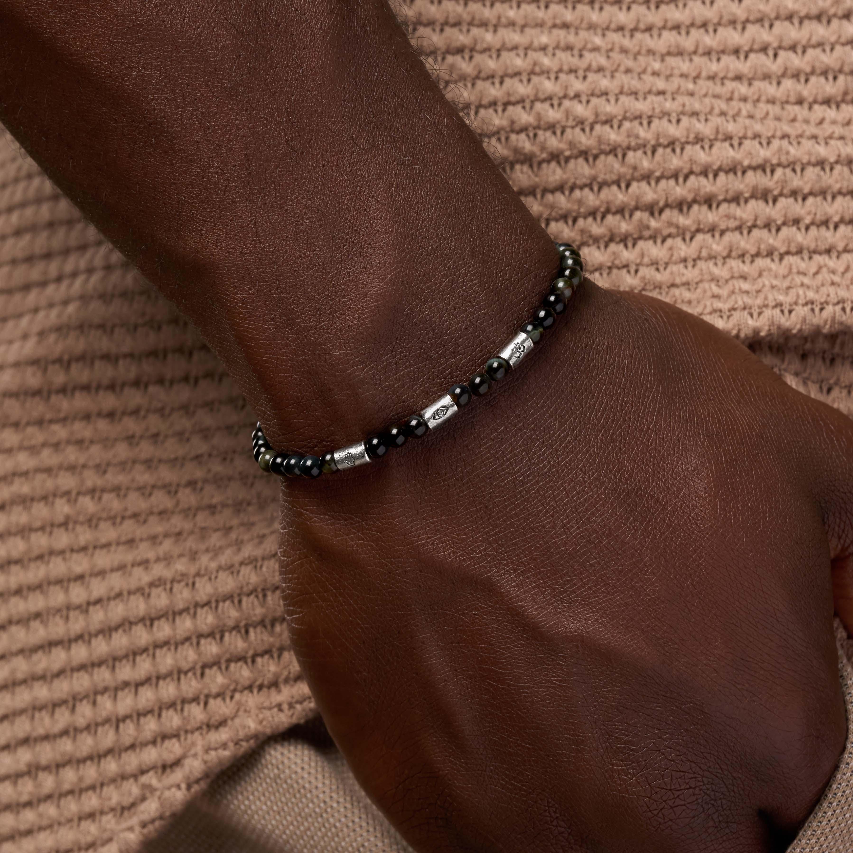 Eternal Gratitude Blue Tiger’s Eye Mantra Barrel Silver Bracelet - Image 2