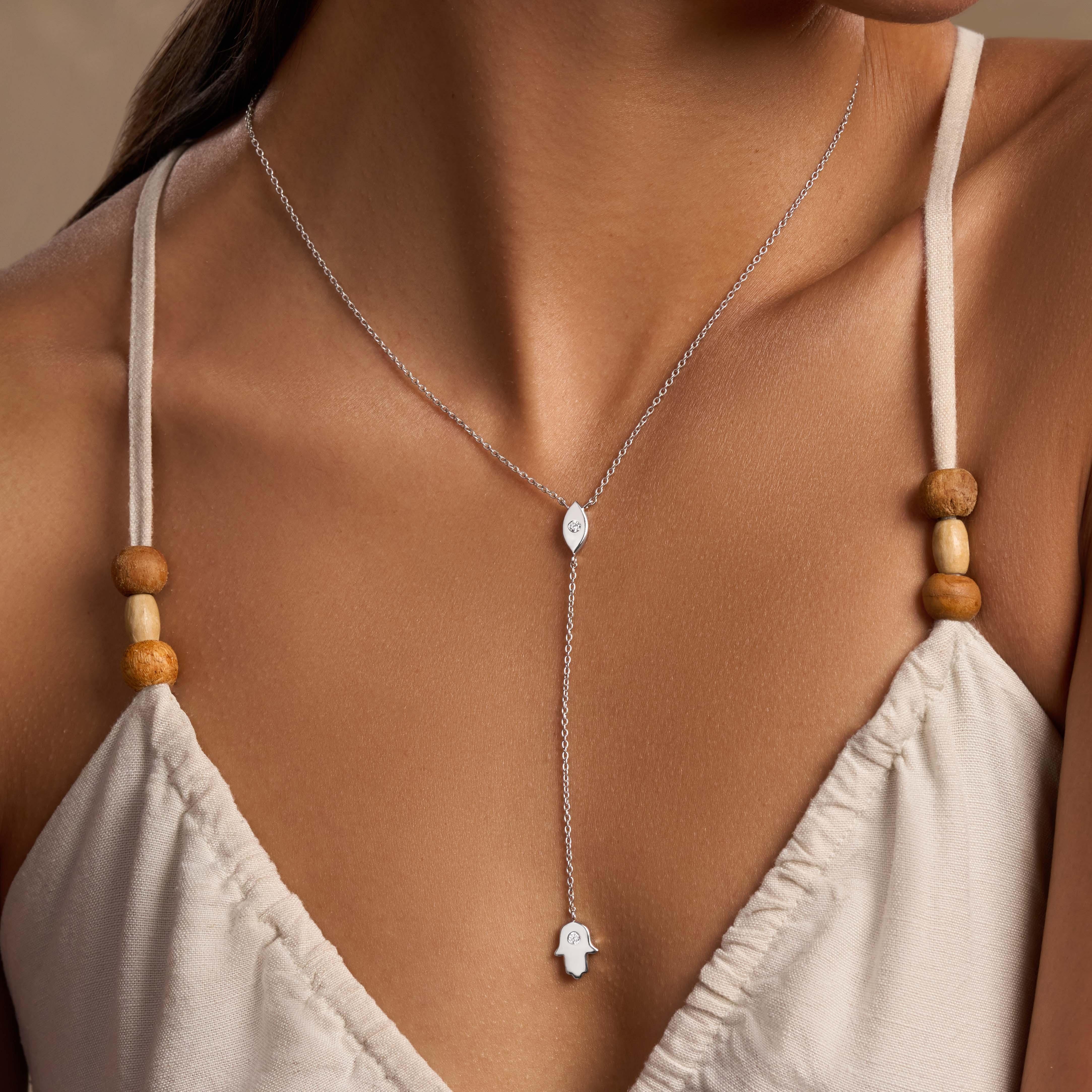 Forever Blessed Hamsa & Evil Eye Charm Silver Necklace - Image 2