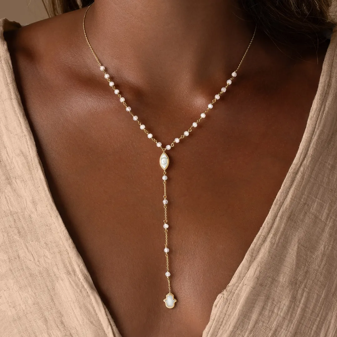 Fresh Ambition Moonstone Evil Eye & Hamsa Gold Necklace - Image 2