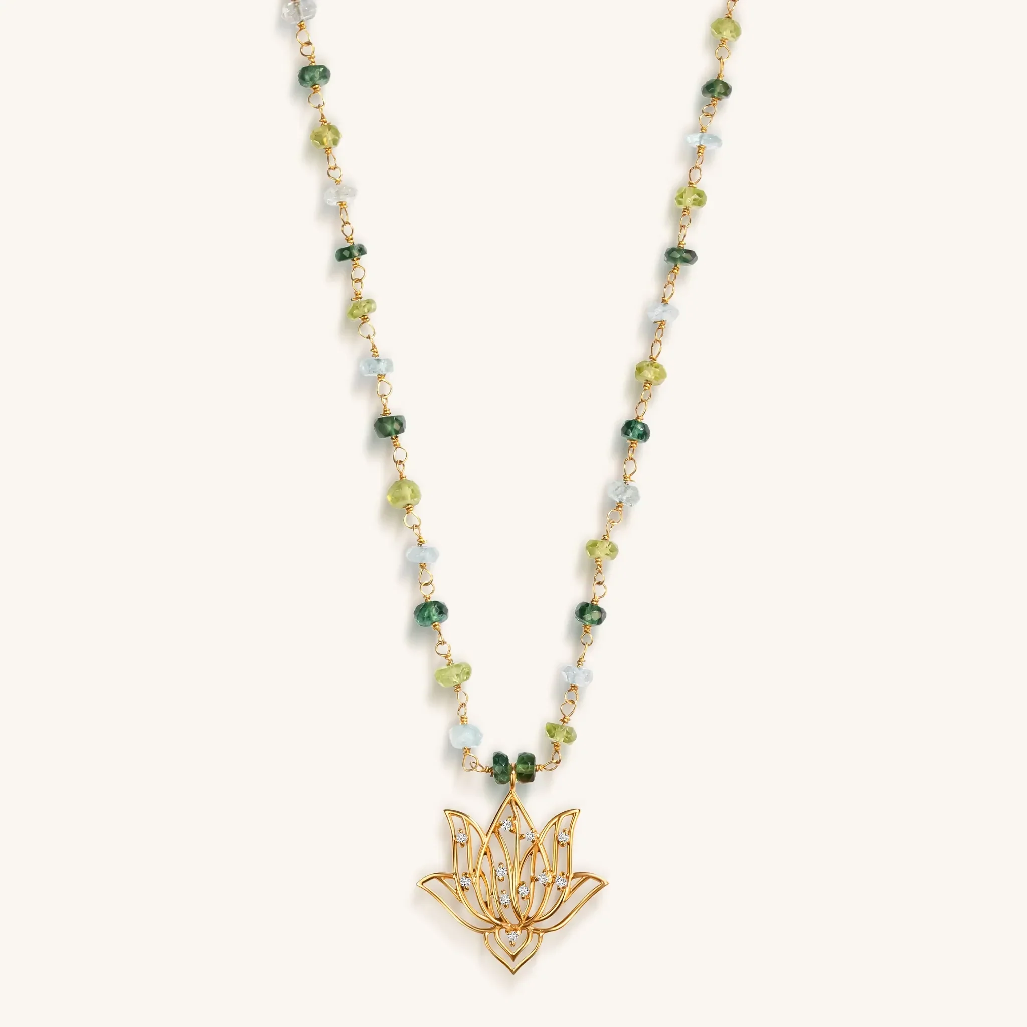 Genuine Enlightenment - Lotus Peridot Aquamarine Apatite Necklace - Image 3