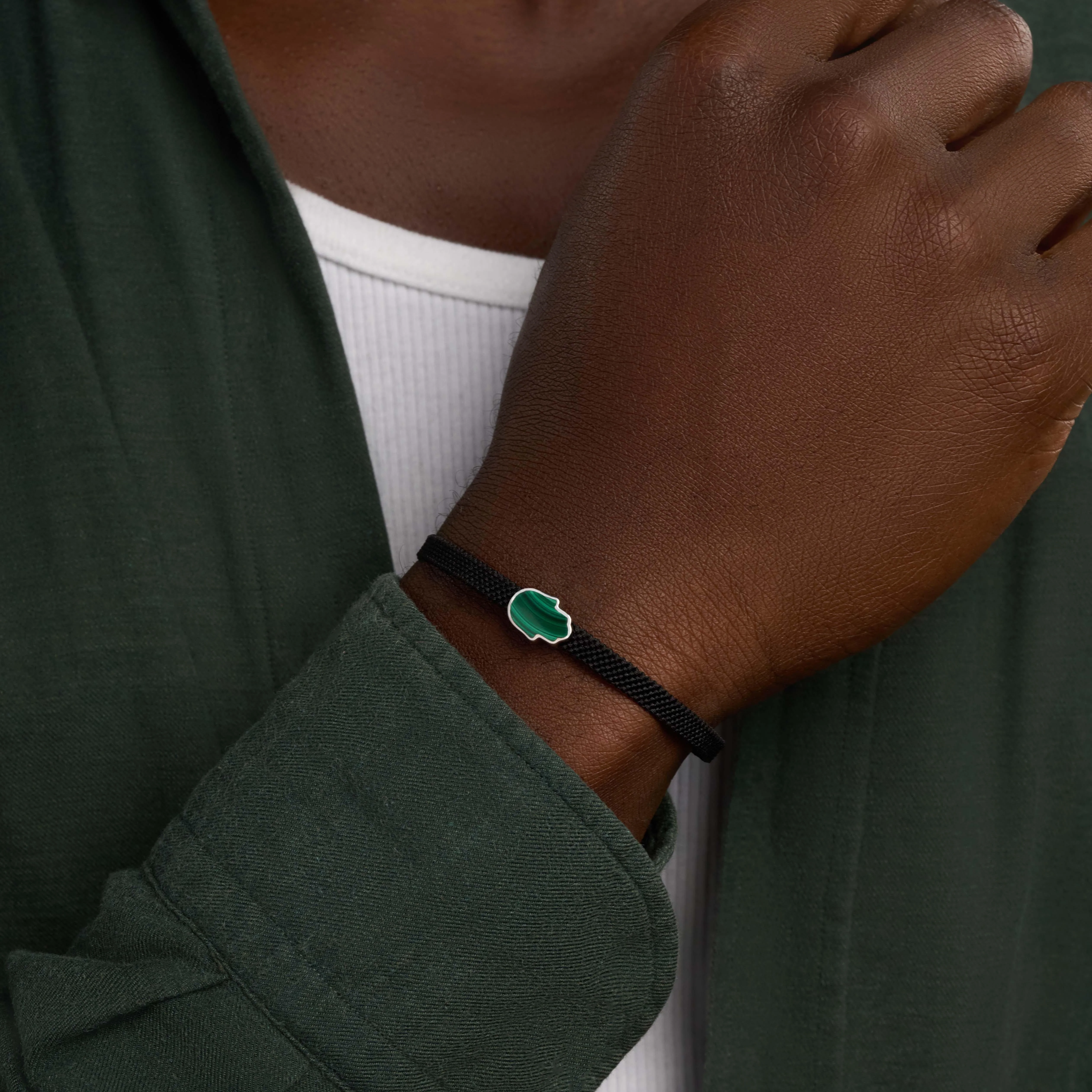 Guardian of Harmony Malachite Hamsa Black String Bracelet - Image 2