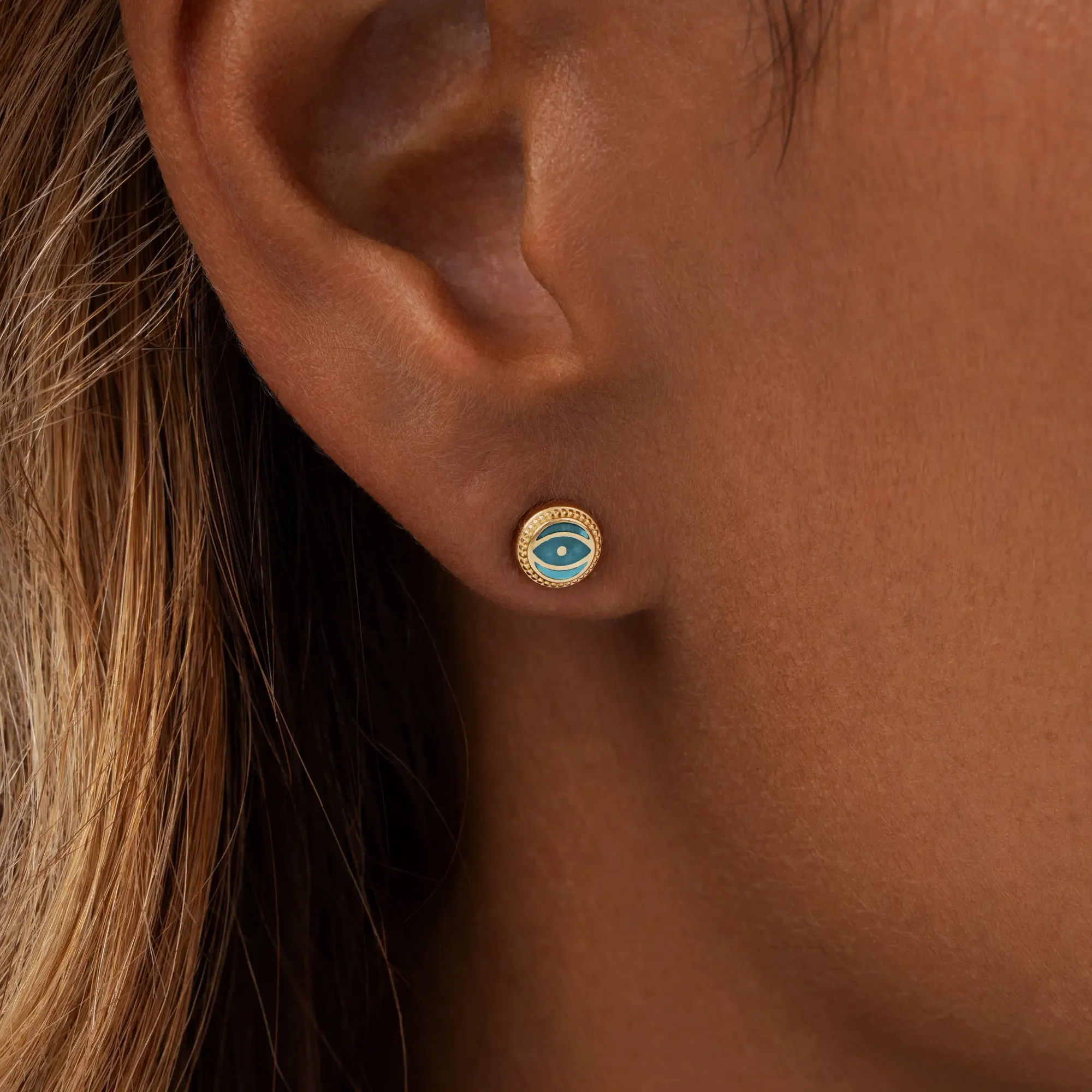 Guardian’s Whisper - Turquoise December Birthstone Evil Eye Gold Stud Earrings - Image 2