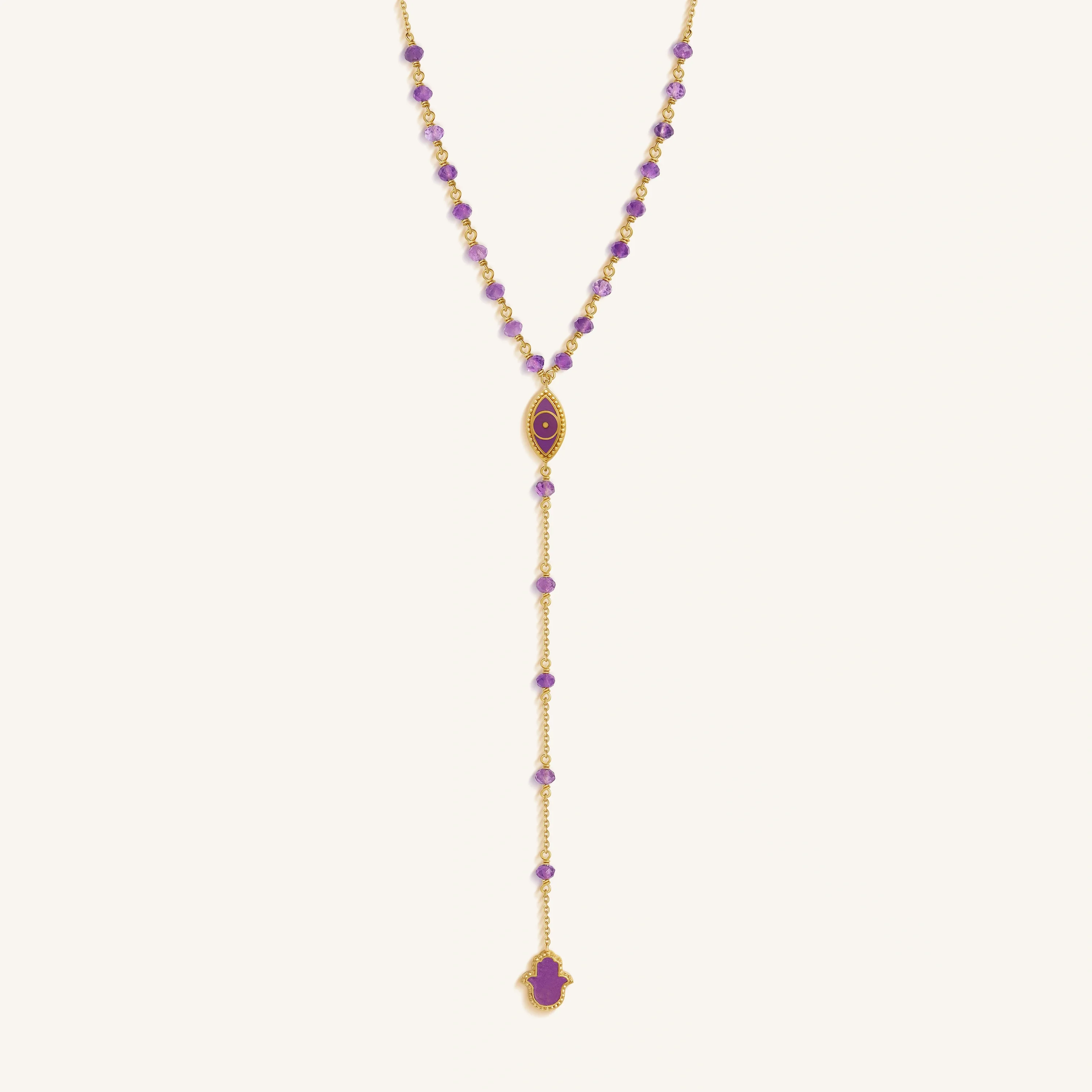 Guardian Spirit Amethyst Hamsa & Evil Eye Gold Necklace