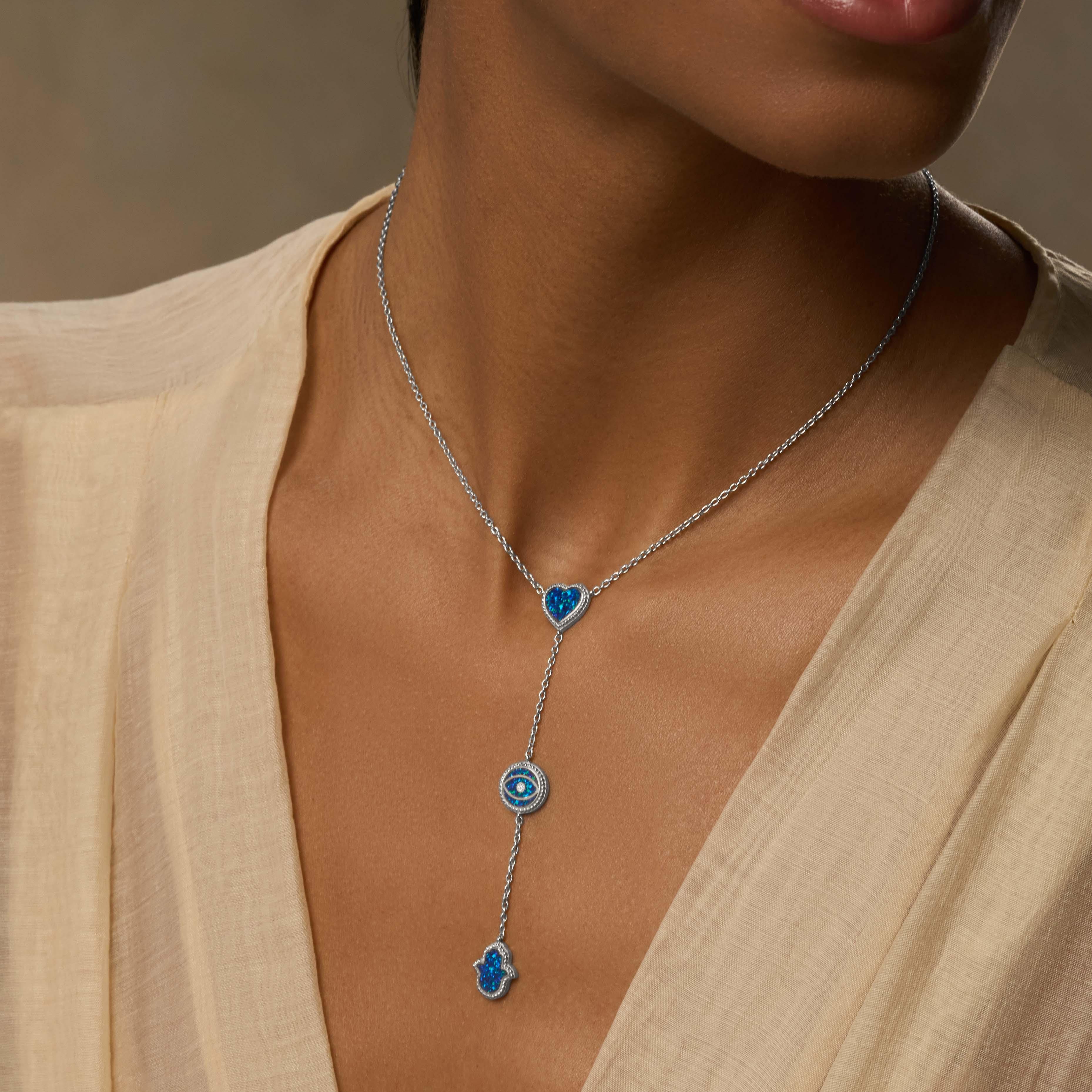 Heart’s Serenity Lab Blue Opal Multi-Symbol Silver Necklace - Image 2