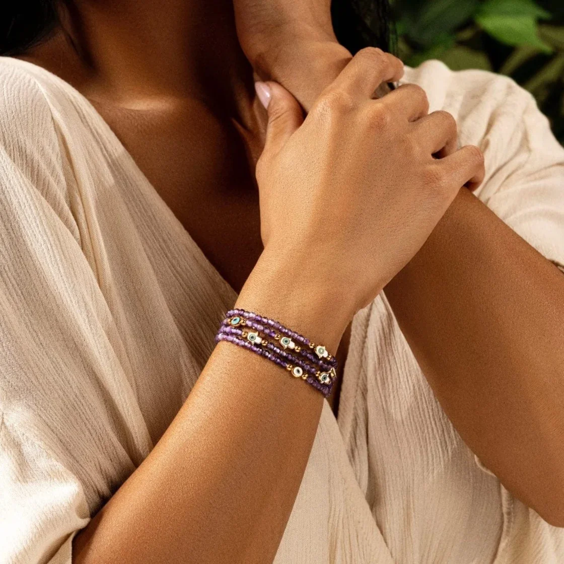 Inner Wisdom - Amethyst Hamsa Evil Eye Charm Bracelet - Image 5