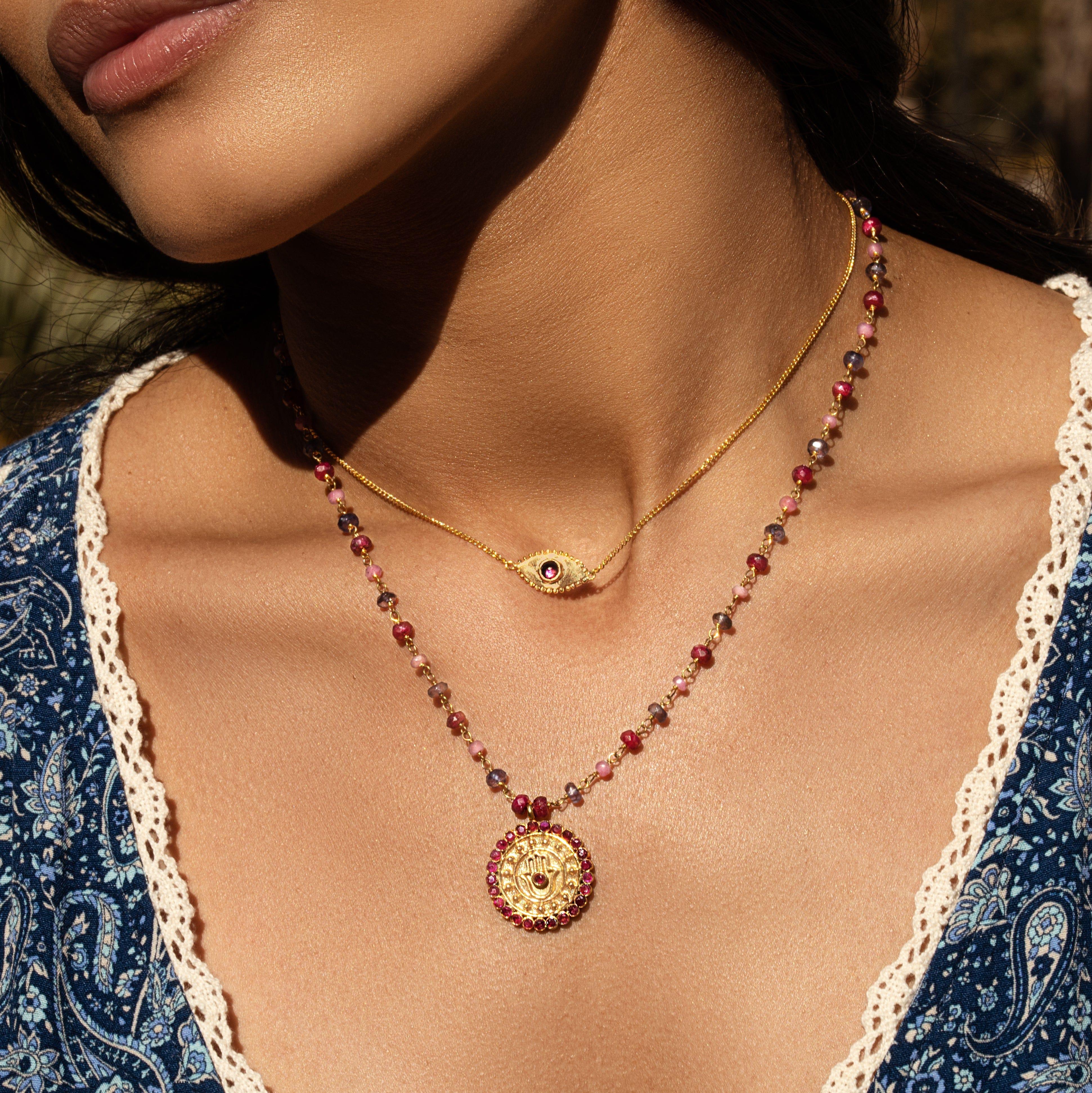 Lively Appreciation - Ruby Pink Sapphire Iolite Hamsa Medallion Necklace - Image 2