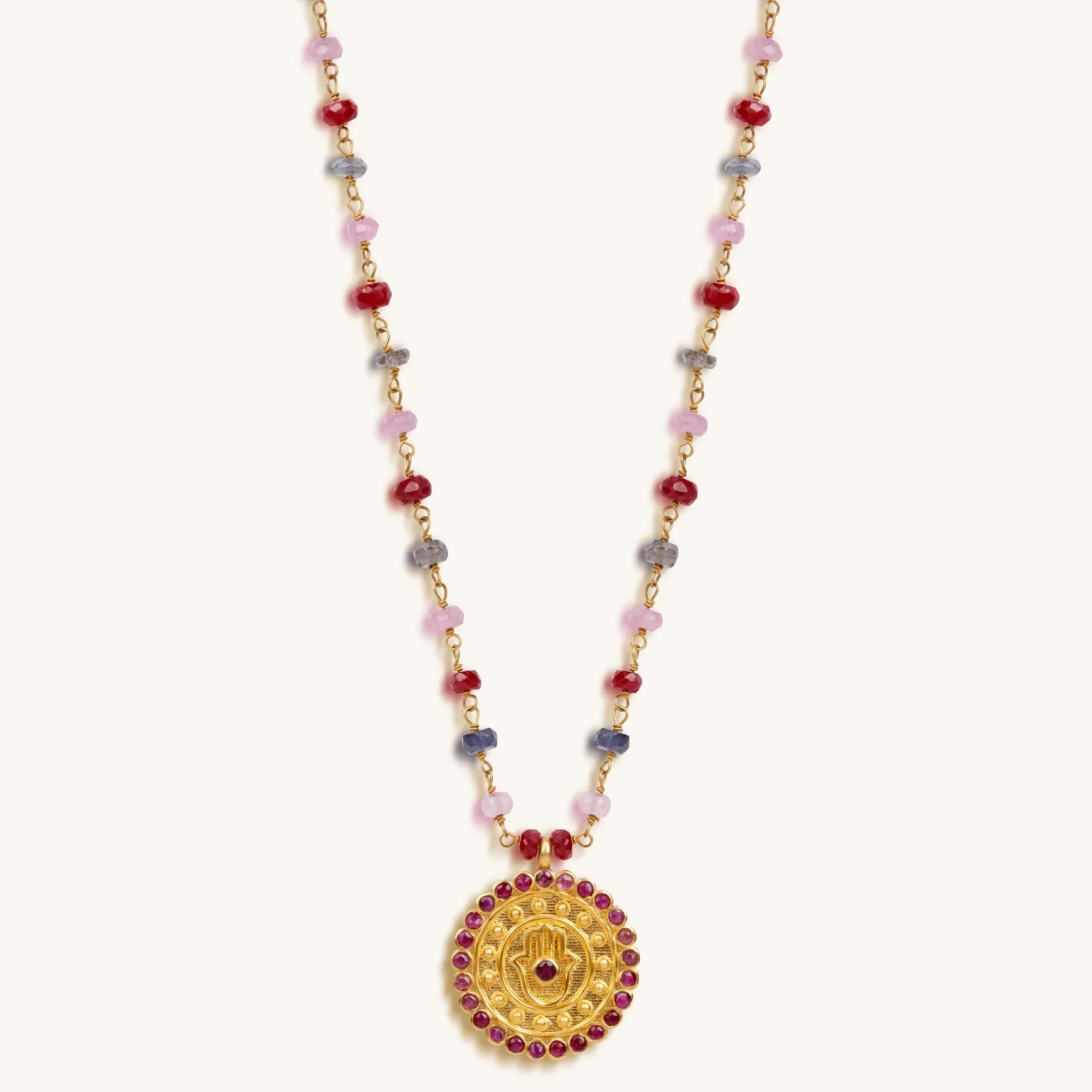 Lively Appreciation - Ruby Pink Sapphire Iolite Hamsa Medallion Necklace - Image 3