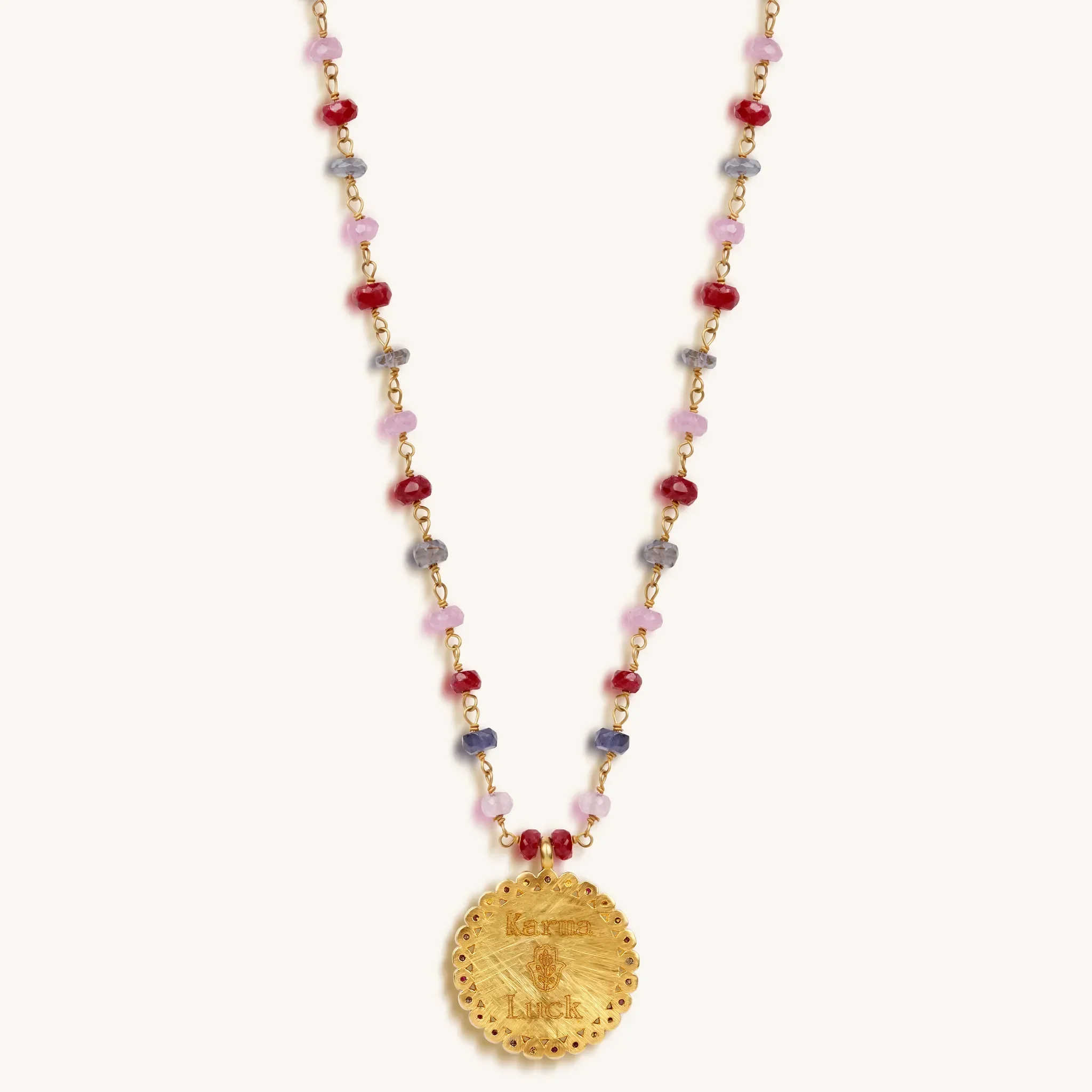 Lively Appreciation - Ruby Pink Sapphire Iolite Hamsa Medallion Necklace - Image 4