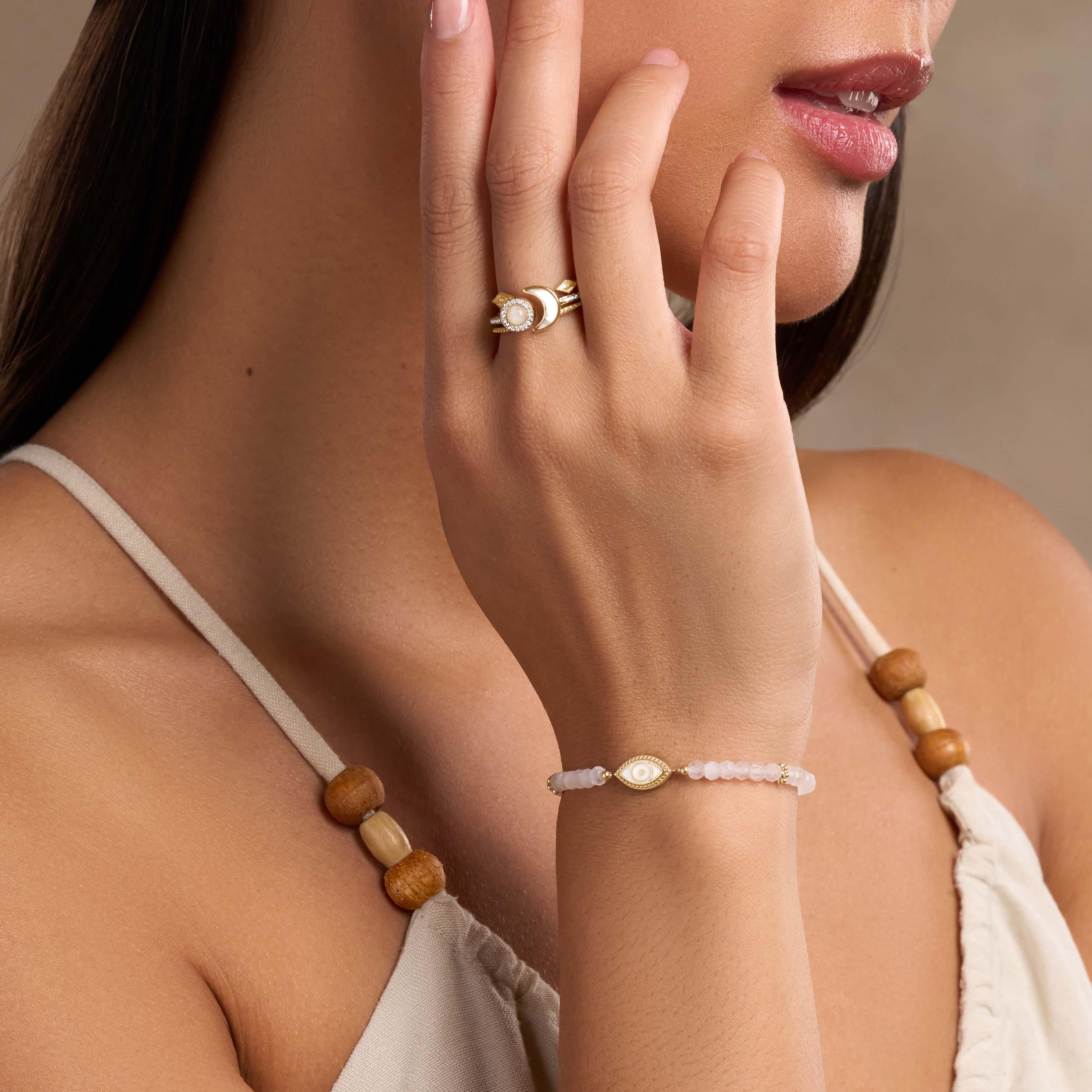Luminous Harmony Rainbow Moonstone Evil Eye Gold Bracelet - Image 2