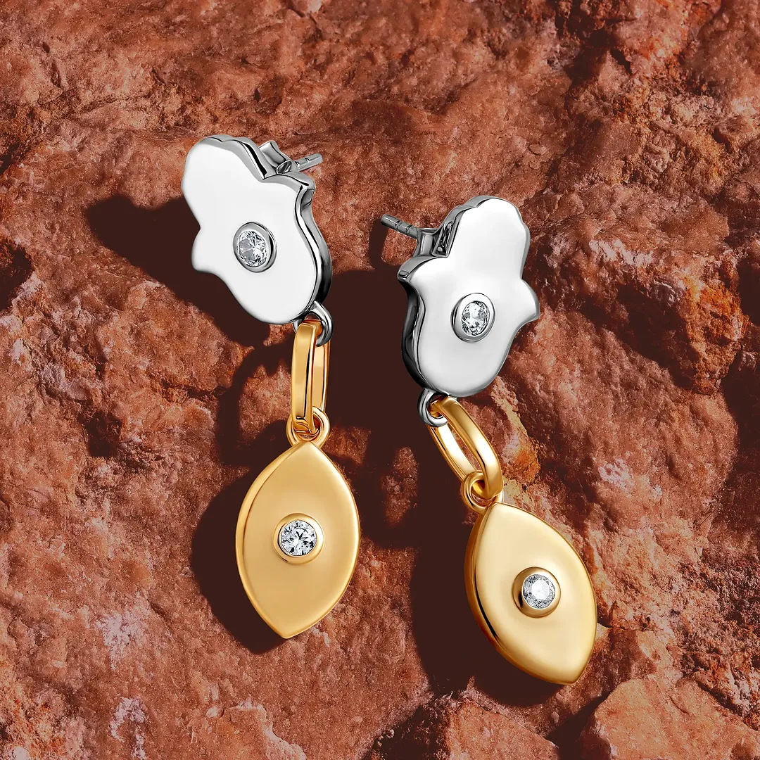 Luminous Protection Hamsa & Evil Eye Gold Earrings - Image 3