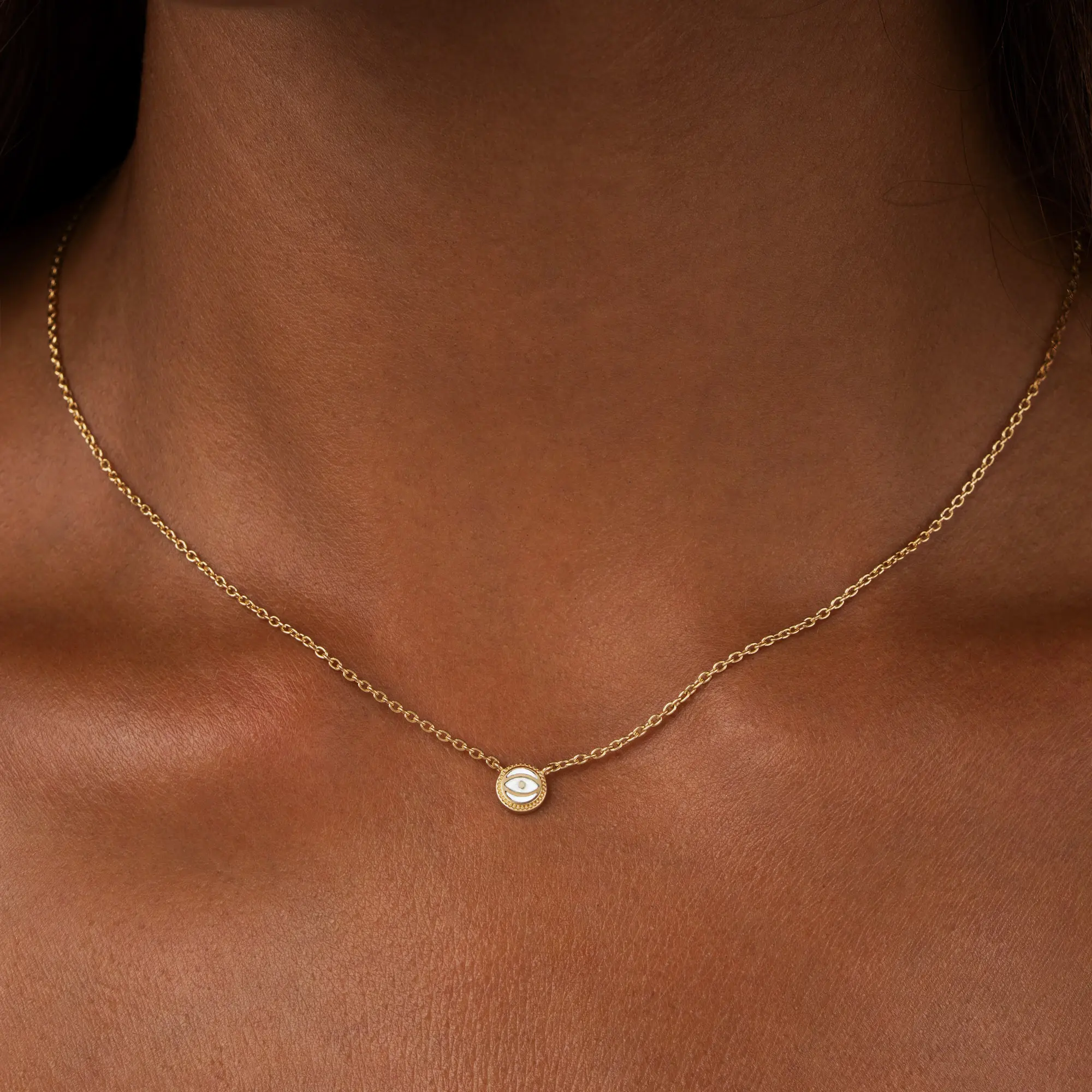 Luminous Sentinel - White Quartz April Birthstone Evil Eye Gold Necklace - Image 2