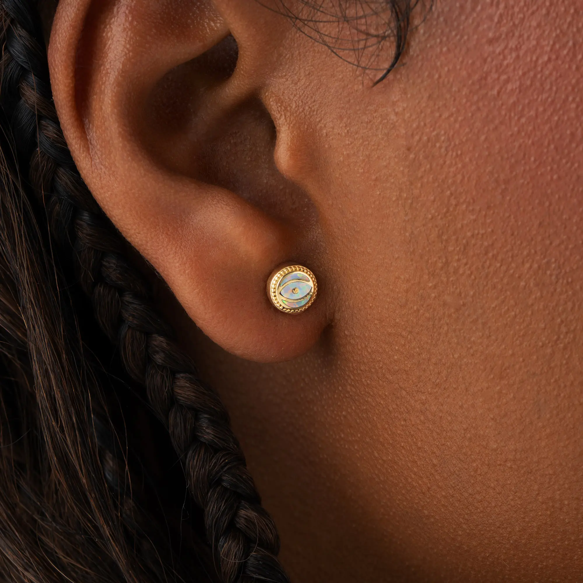 Luminous Shield - Opal October Birthstone Evil Eye Gold Stud Earrings - Image 2