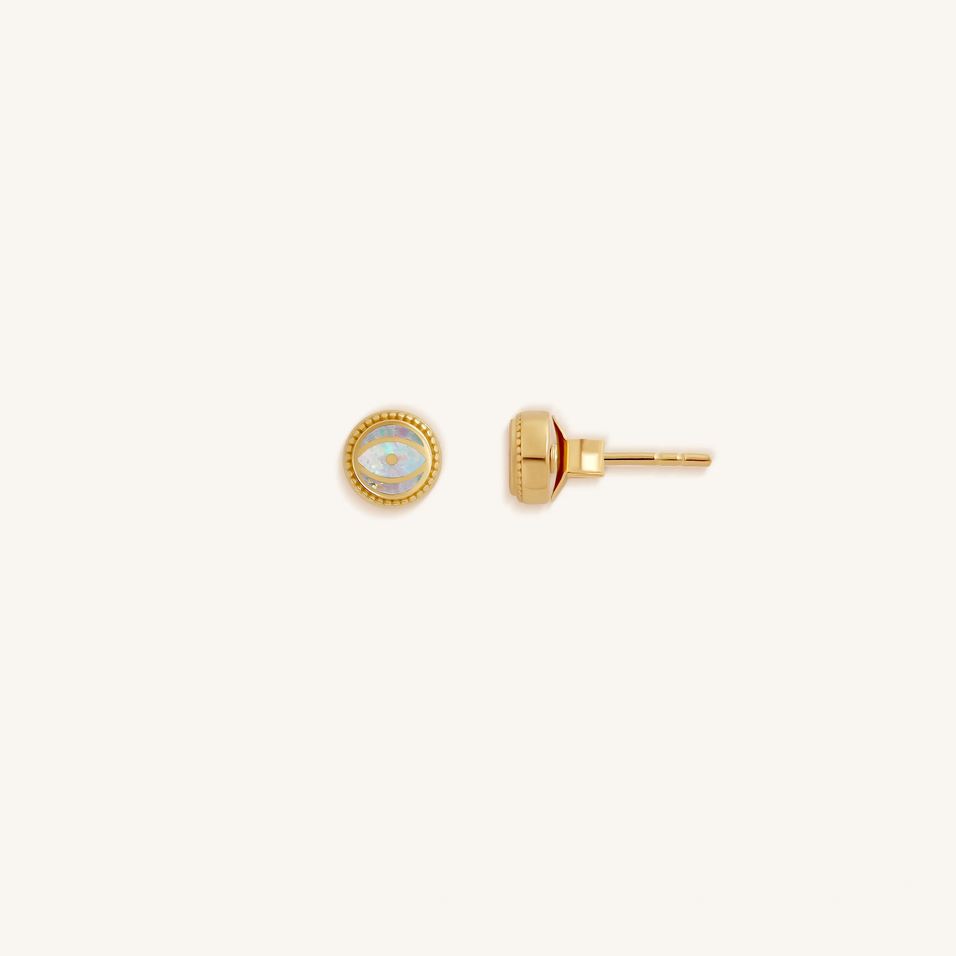Luminous Shield - Opal October Birthstone Evil Eye Gold Stud Earrings - Image 4