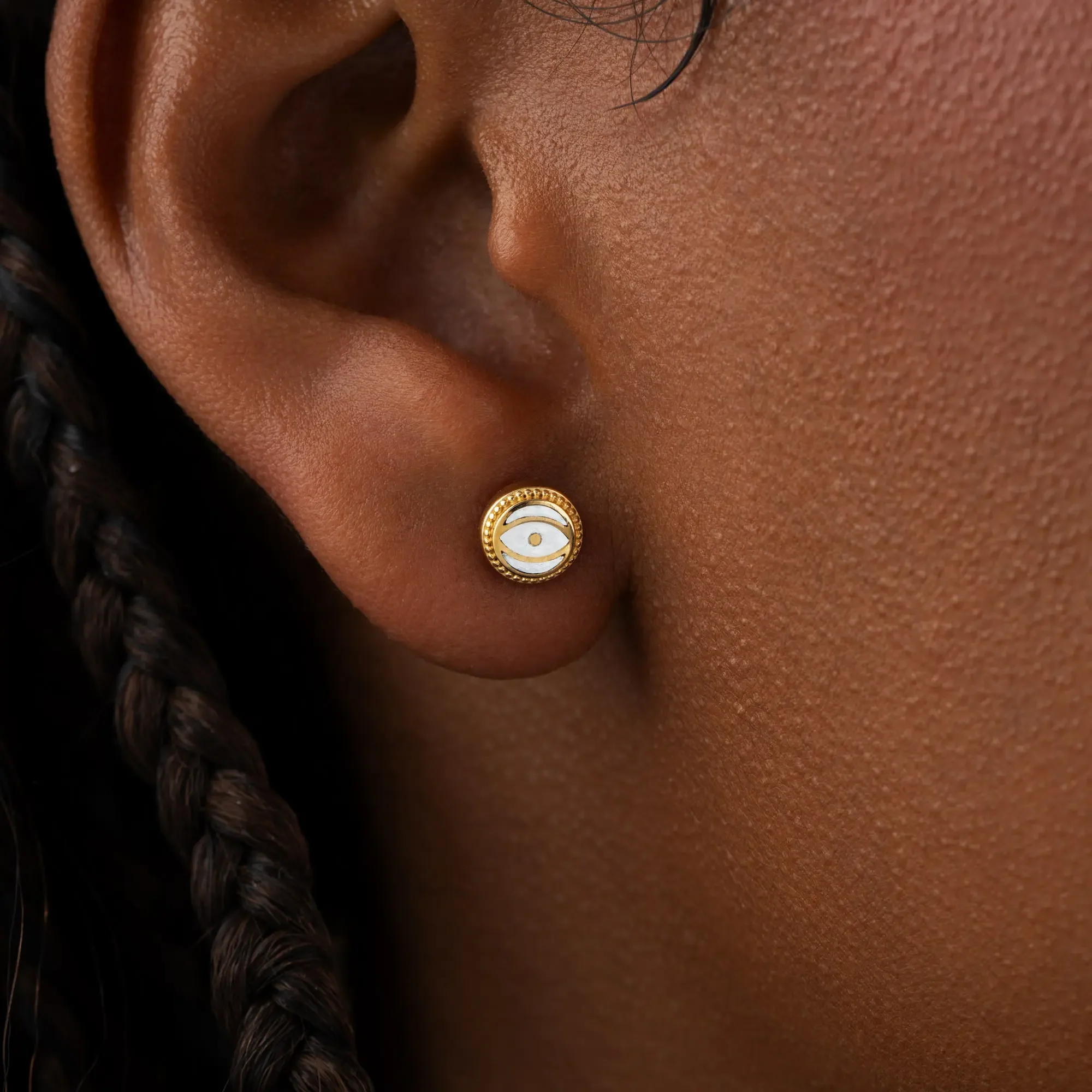 Luminous Shield - White Quartz April Birthstone Evil Eye Gold Stud Earrings - Image 2