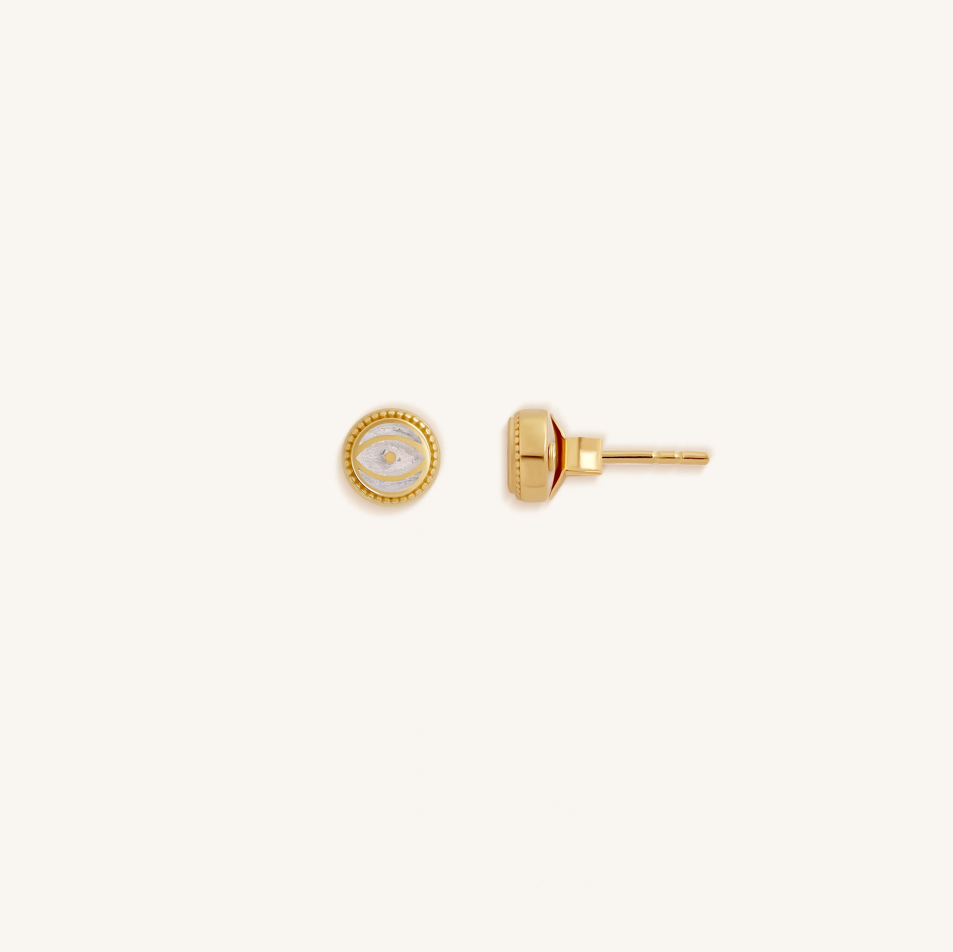 Luminous Shield - White Quartz April Birthstone Evil Eye Gold Stud Earrings - Image 3