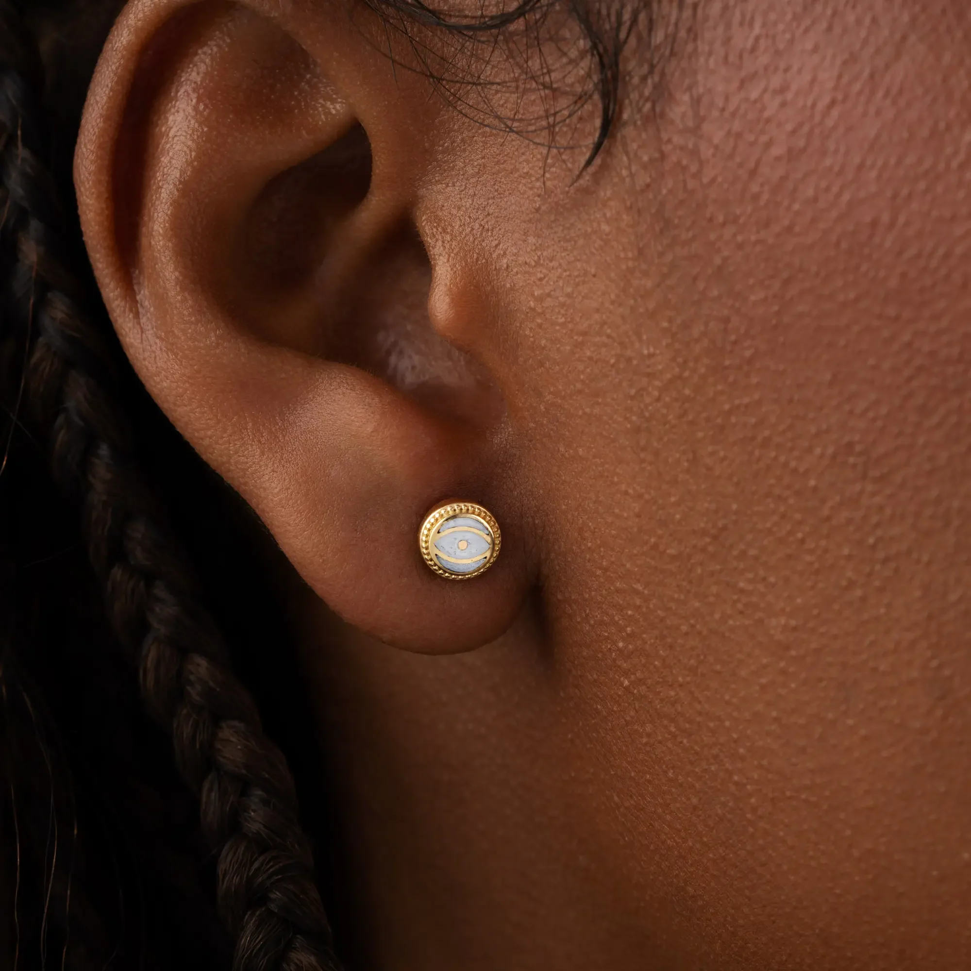 Lunar Sentinel - Moonstone June Birthstone Evil Eye Gold Stud Earrings - Image 2