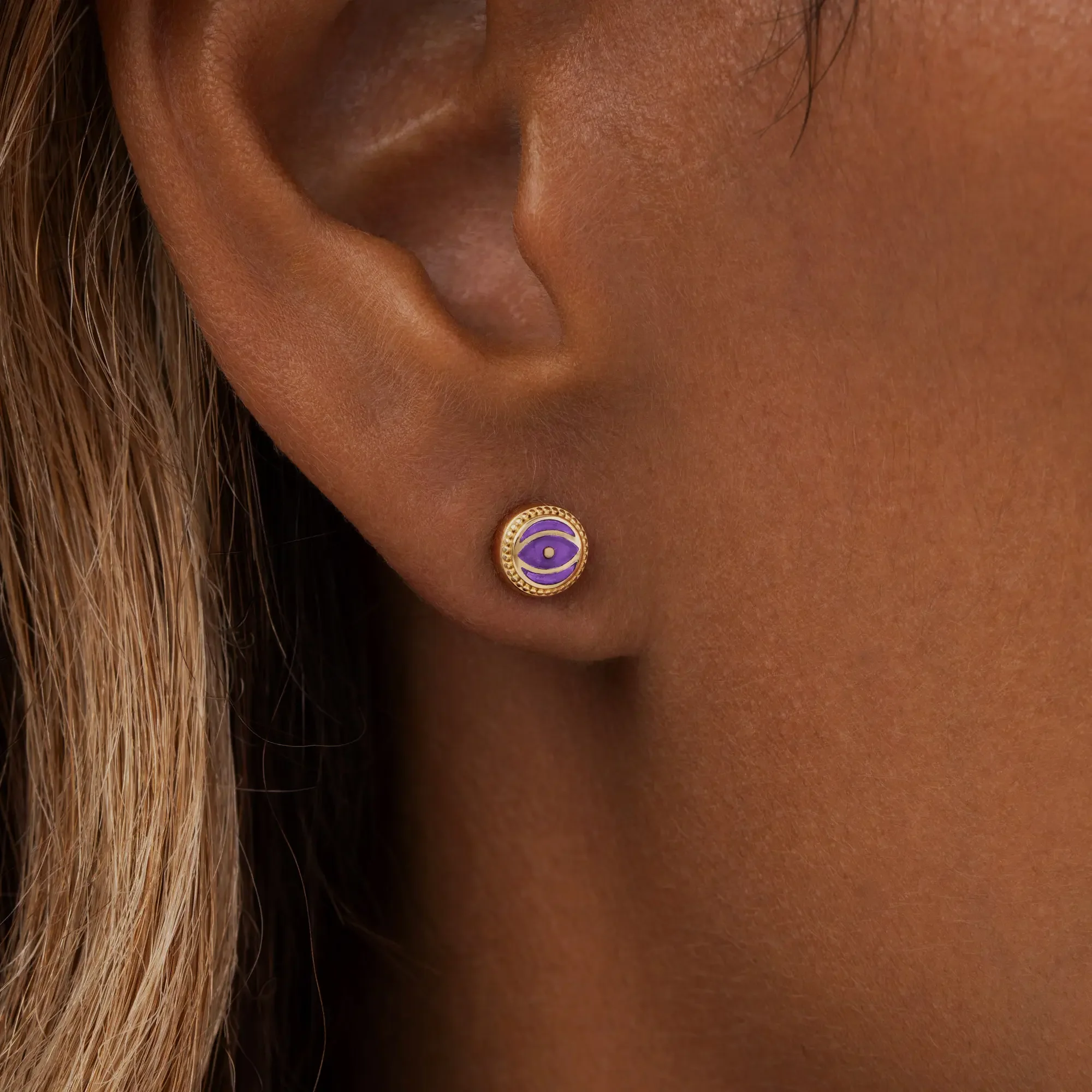 Mystic Guard - Amethyst February Birthstone Evil Eye Gold Stud Earrings - Image 2