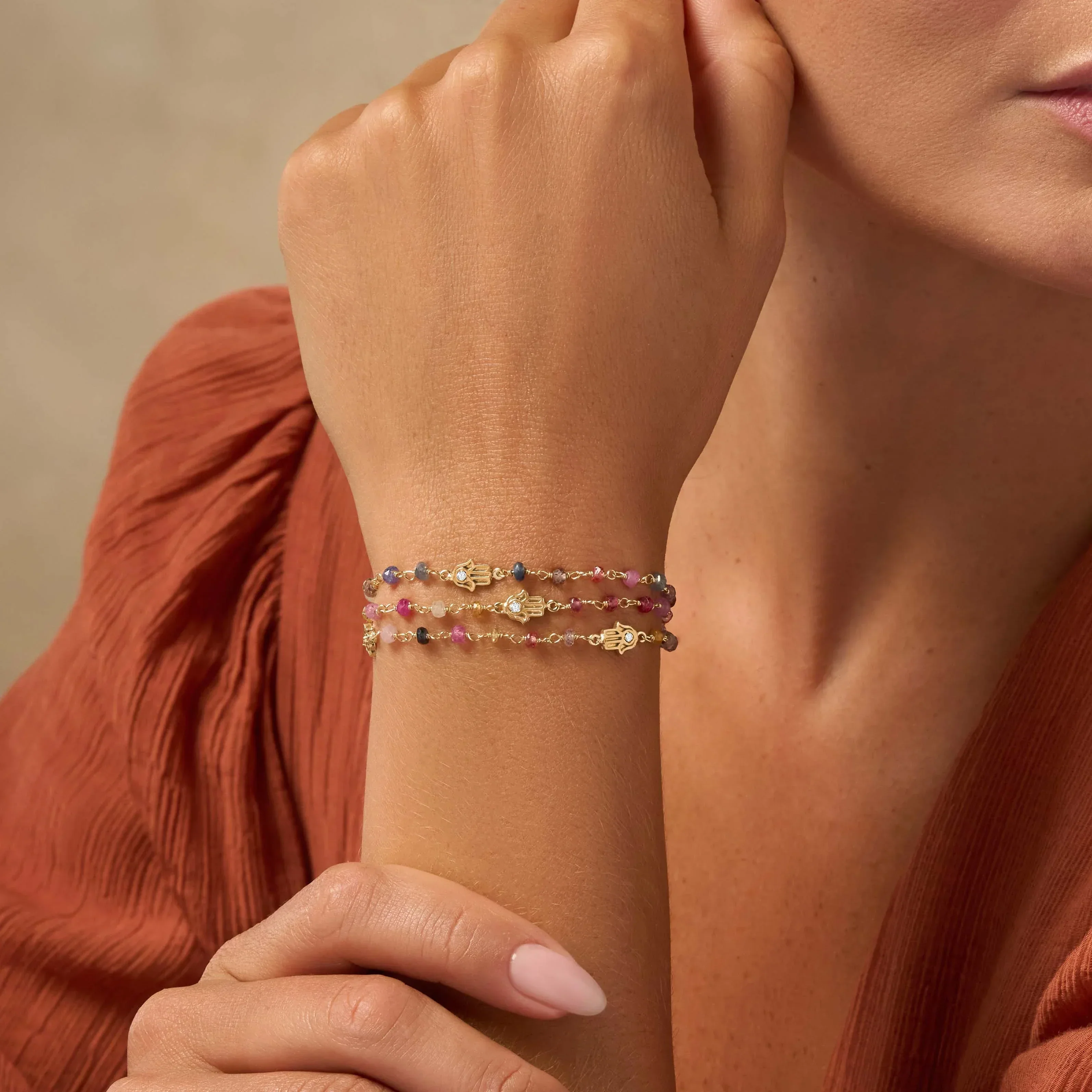 Nourished Intuition Multi-Sapphire Hamsa Gold Bracelet - Image 2
